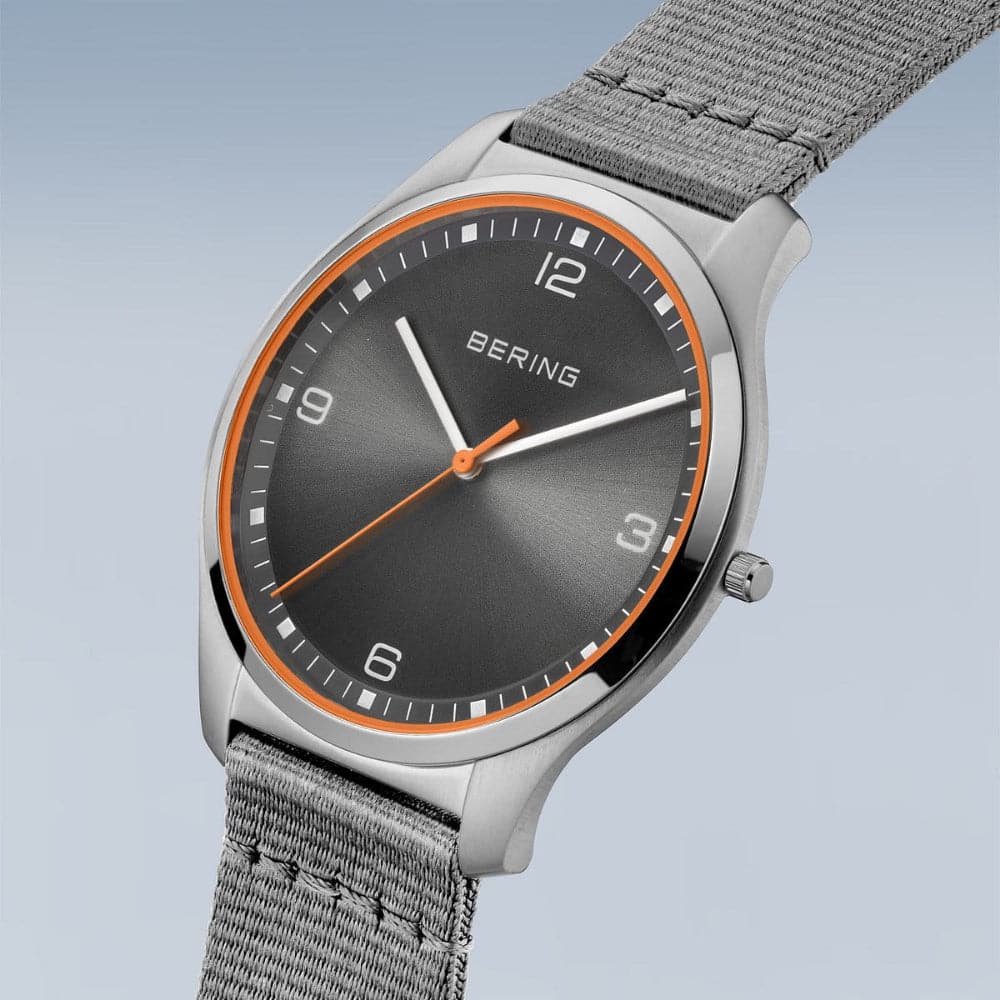 Bering Ultra Slim Gray Dial Men's Watch with NATO Strap 18342-577 - Stylish Minimalist Watch for Business, Casual & Outdoor Activities