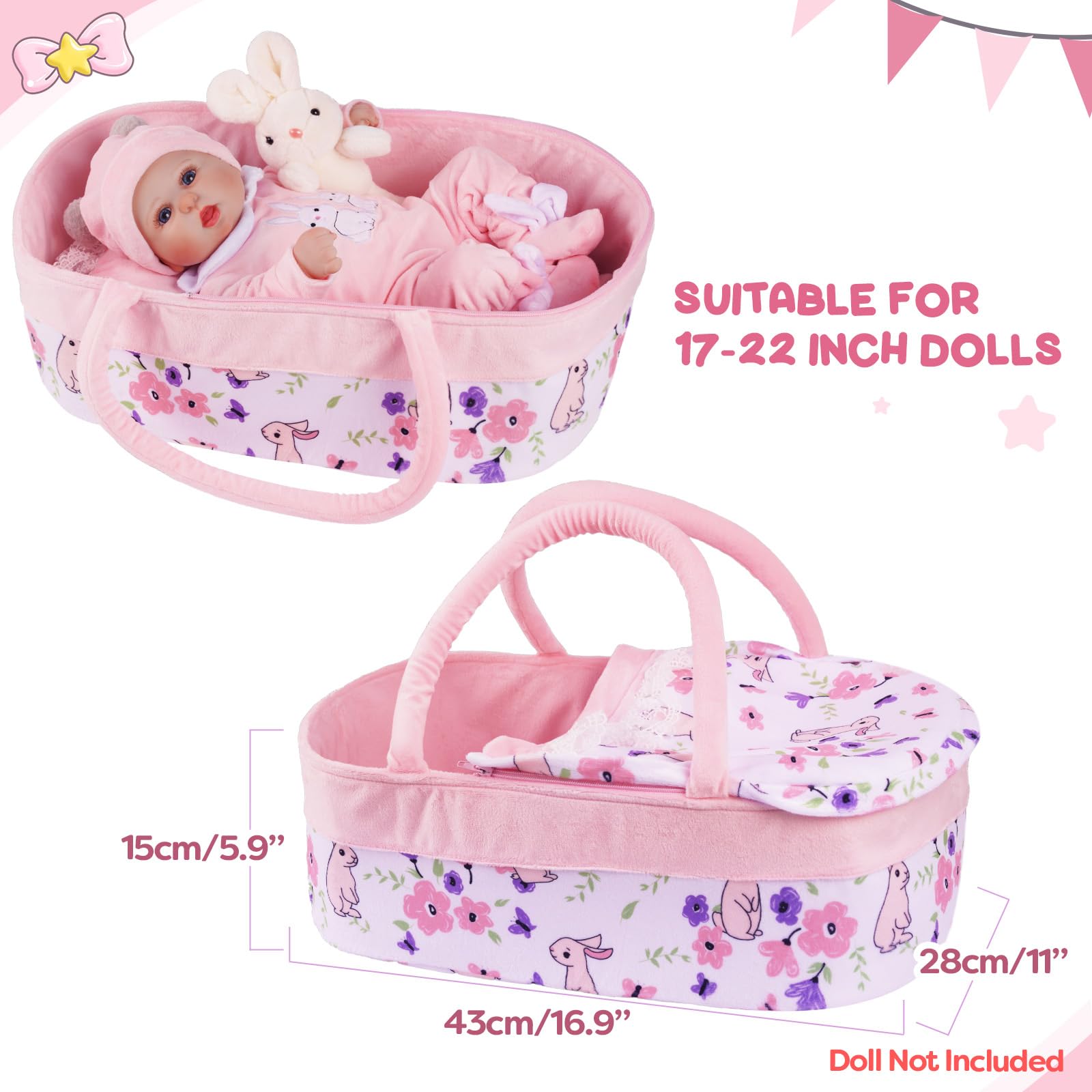 8-Piece Reborn Baby Doll Clothes Set with Bassinet & Bunny Toy - Outfits for 17-22 Inch Newborn Baby Dolls - Perfect for Playtime, Nursery Decor & Gift Giving
