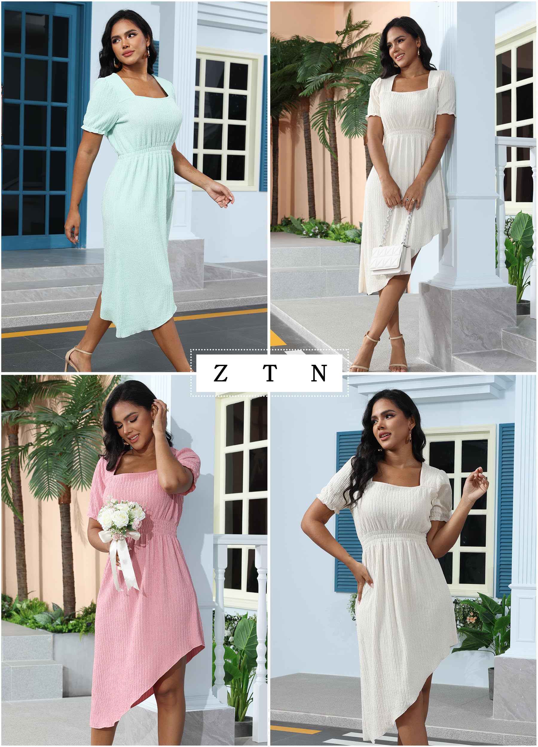 ZTN Women's Summer Casual Dress 2025 - Square Neck Short Sleeve Sundress with Irregular Hem, Loose Midi Beach Dress for Vacation, Party & Outdoor Activities