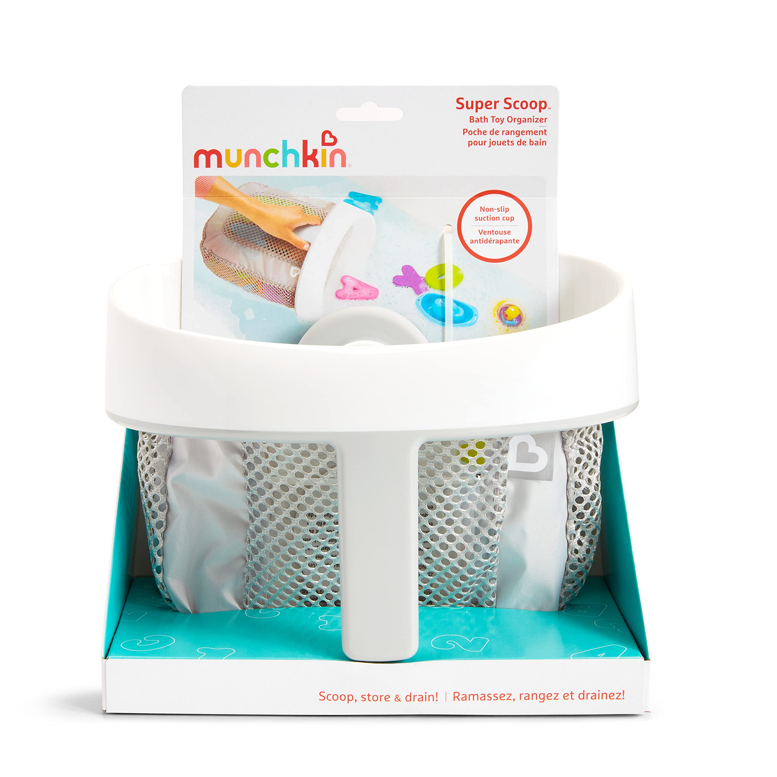 Munchkin Super Scoop Baby Bath Toy Storage Basket & Net - Removable Wall Hanging Organizer with Suction Cups | Bathroom Toy Holder for Kids | Perfect for Baby Bath Time, Shower Organization & Bathroom Storage