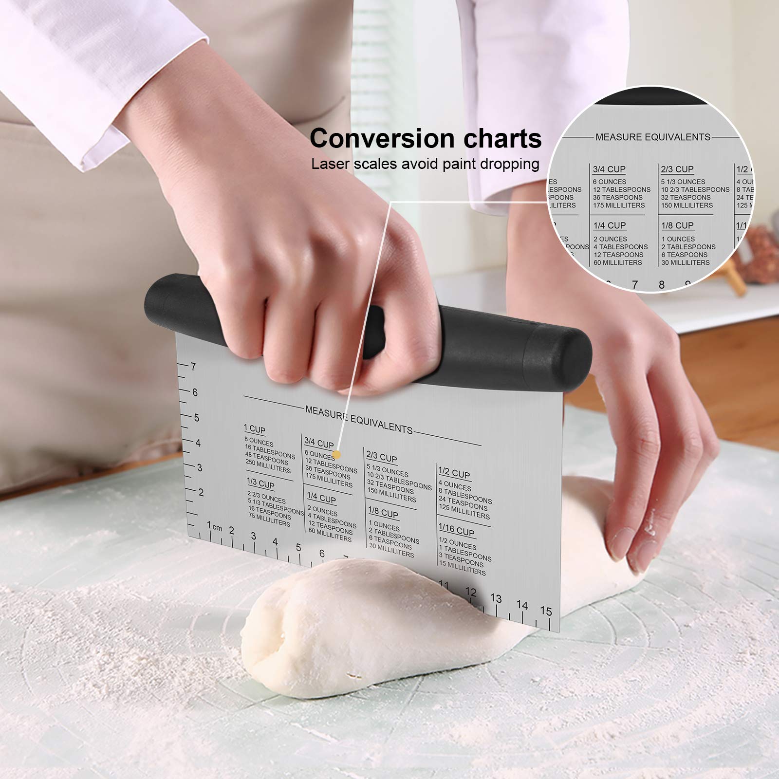 Stainless Steel Dough Scraper & Cutter with Measuring Marks - Multi-Purpose Metal Griddle Scraper, Pastry Chopper & Bench Scraper for Baking, Cooking - Perfect for Pizza Dough, Pastry Making & Kitchen Prep (1 Pack)