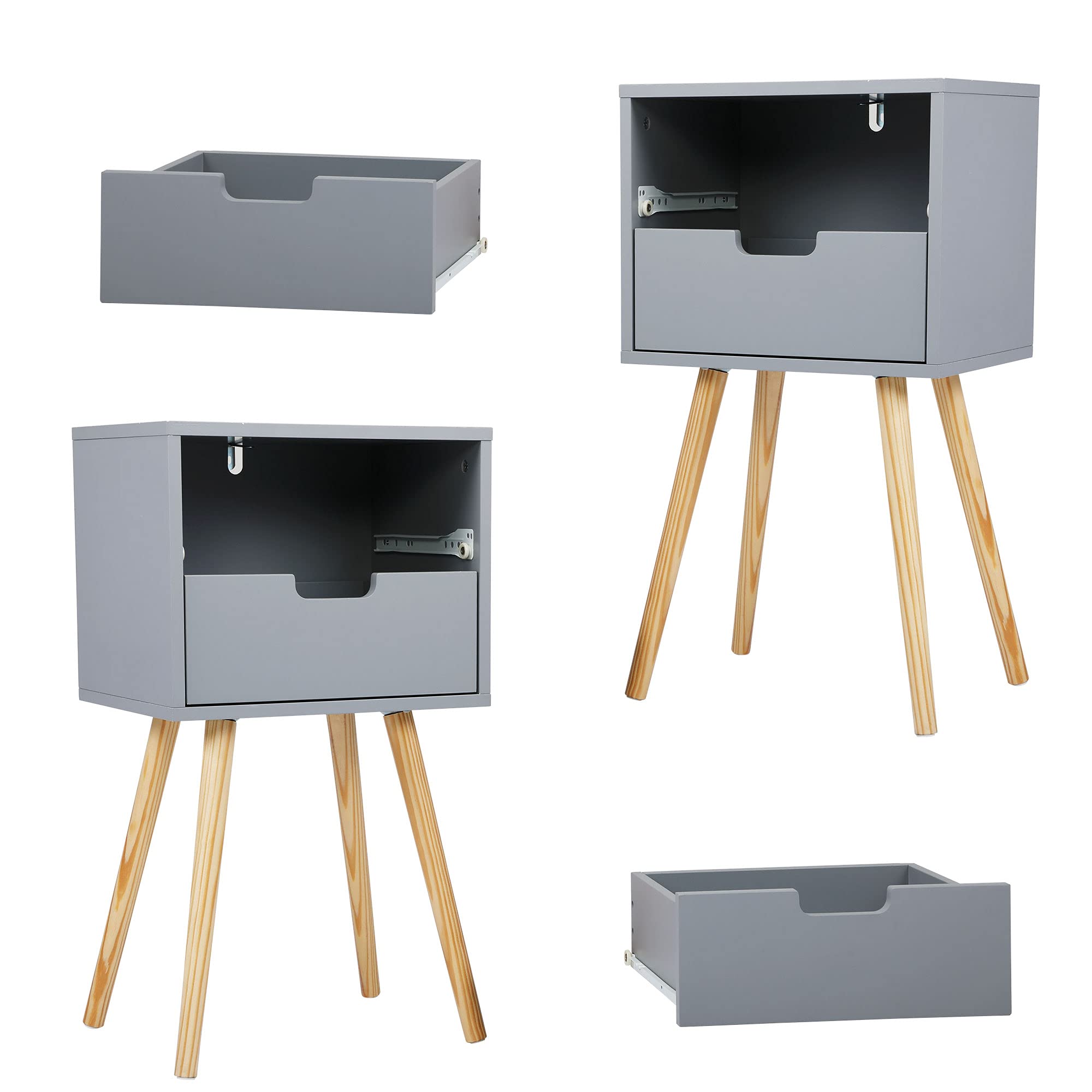 Mid-Century Modern Nightstand Set of 2 - Wooden Bedside Table with 2 Drawers, Grey End Table for Bedroom, Living Room & Office - Perfect for Small Spaces & Apartment Decor