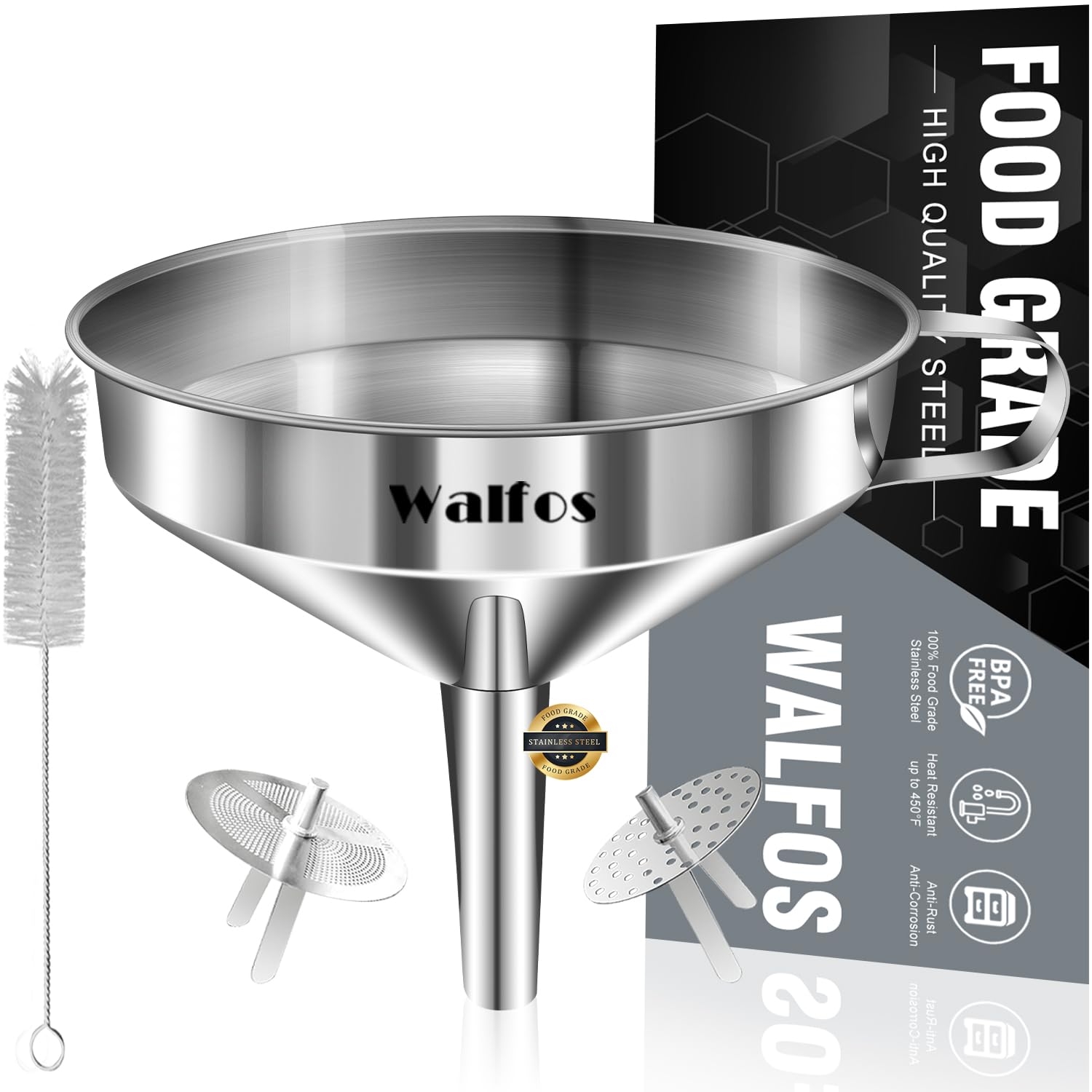 Walfos Large Stainless Steel Kitchen Funnel with 2 Removable Strainers & Cleaning Brush - 5.7