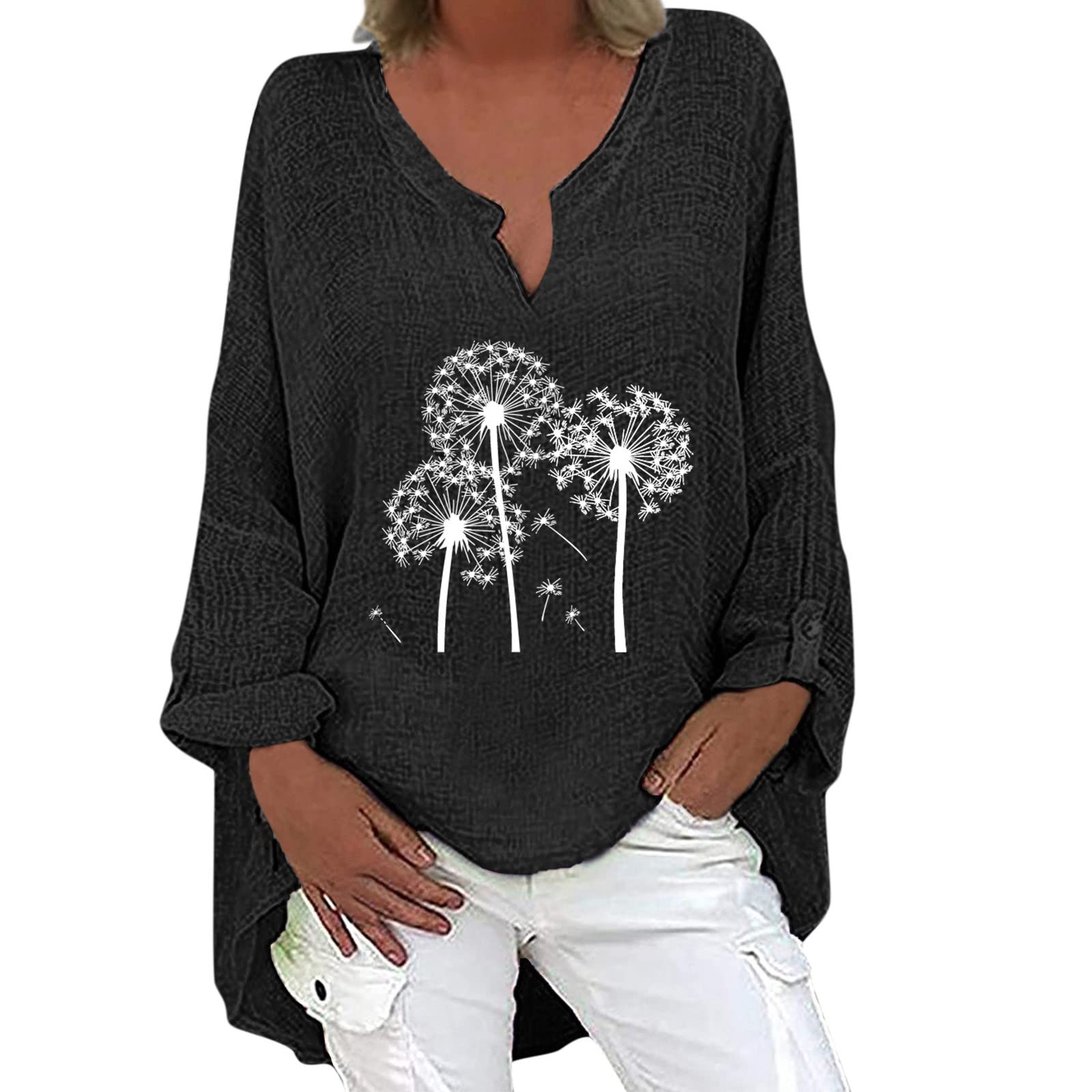 BEUU Women's Dandelion Print Long Sleeve V-Neck Sweatshirt - Casual Loose Fit Blouse with Irregular Hem - Perfect for Everyday Wear, Office & Weekend Outings