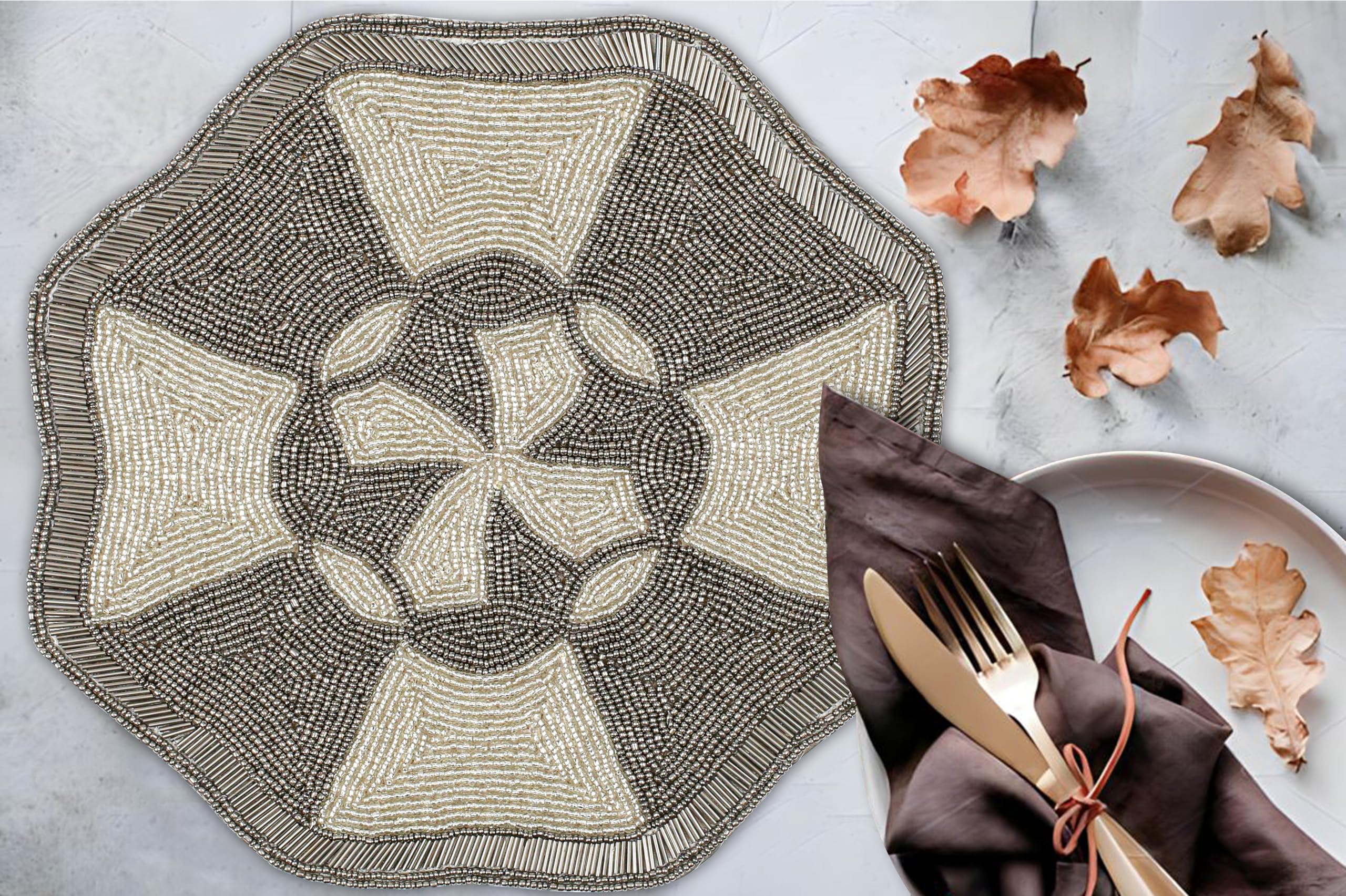 Glitz Beaded Round Placemats for Dining Table - 13 Inch Charcoal Silver Beaded Charger Mats, Elegant Table Decor for Thanksgiving, Family Gatherings & Special Occasions - Perfect for Holiday Dinners, Wedding Receptions & Party Decorations