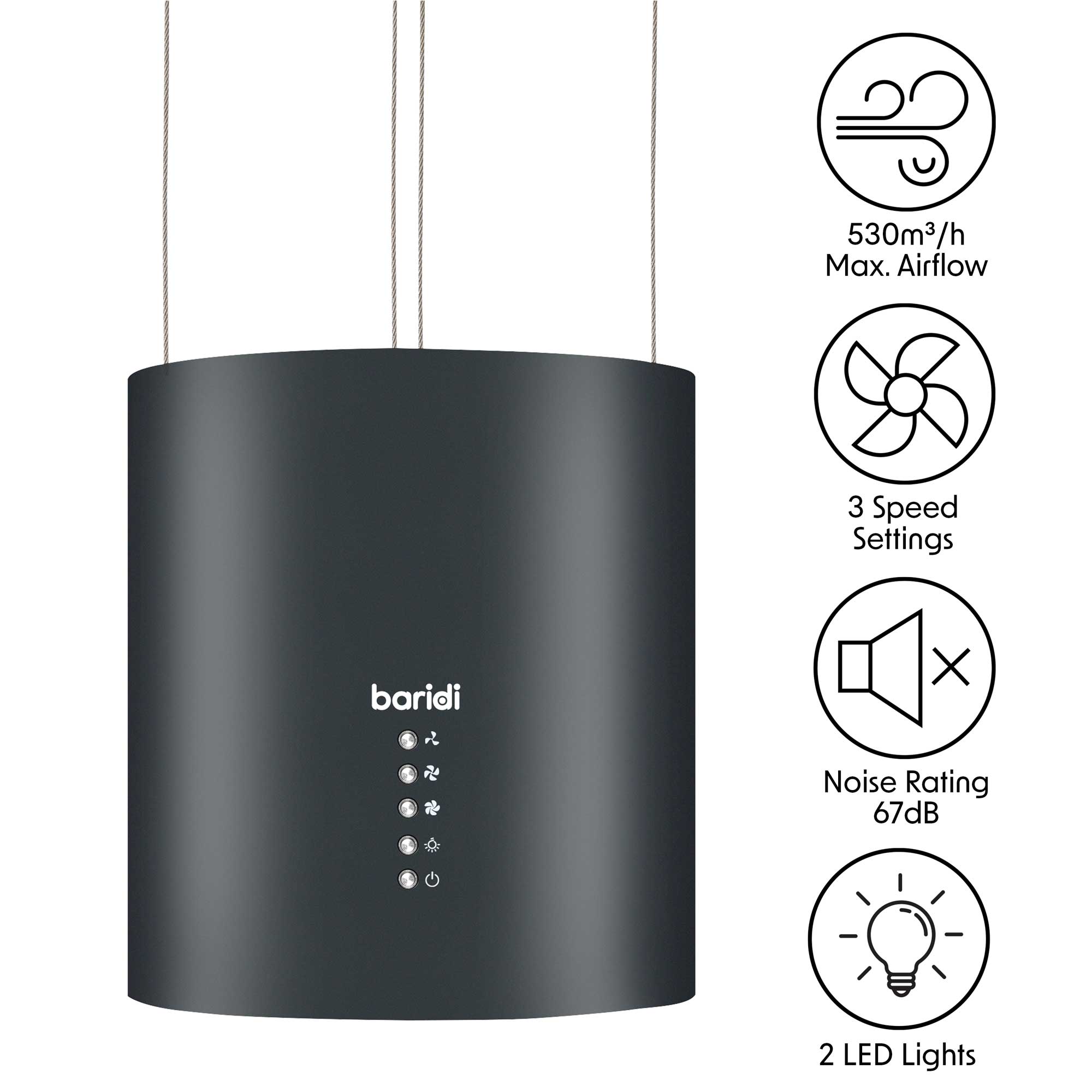 Baridi Island Range Hood - 35cm Pendant Style Kitchen Exhaust Fan with 3 Speed Settings - Black (DH219) - Perfect for Modern Open-Concept Kitchens and Restaurant-Style Cooking Areas