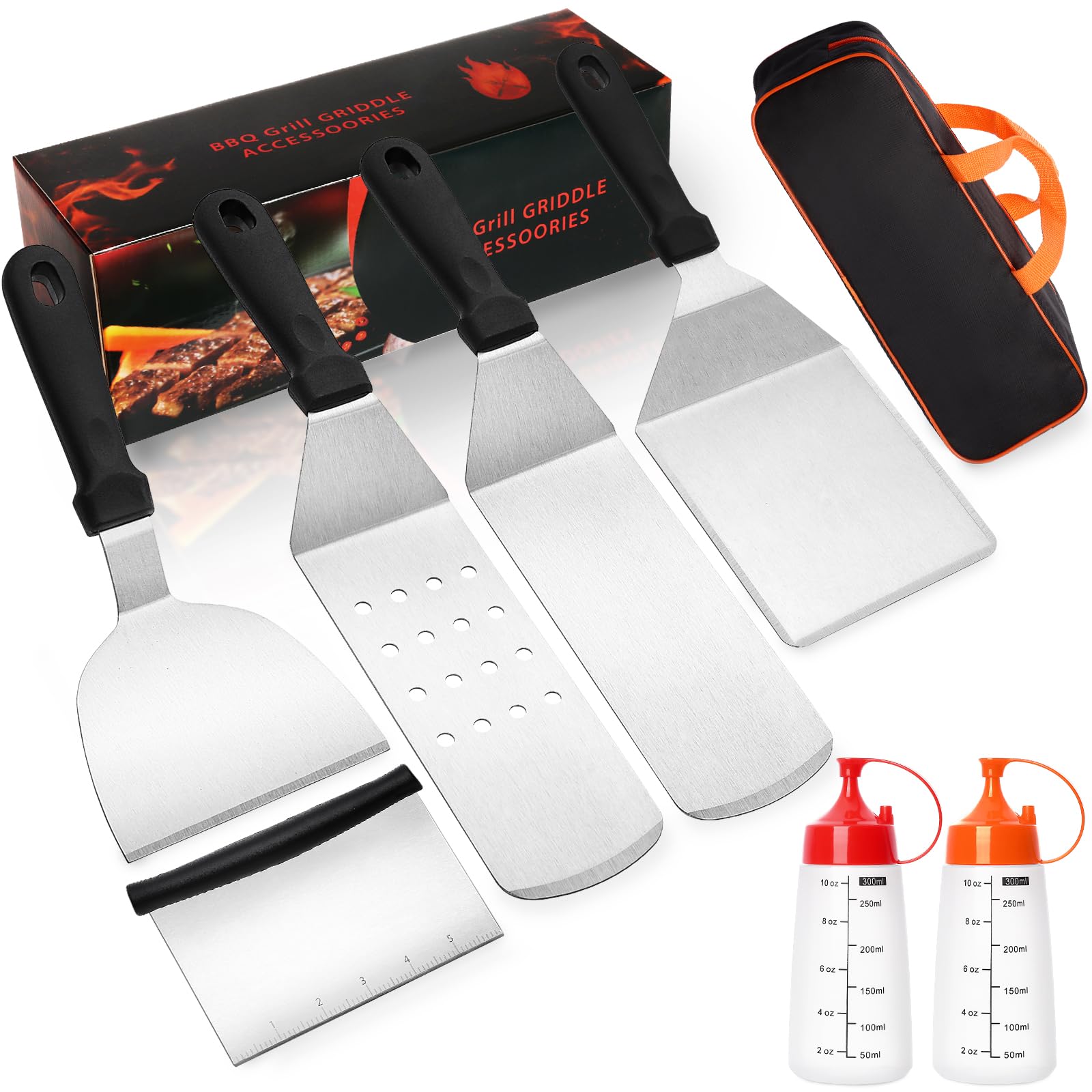 8PCS Griddle Accessories Tool Kit - Flat Top Grill Spatula Set for Blackstone & Camp Chef | Includes Turner, Scraper, Chopper, Oil Bottles & Carry Bag | Perfect for Outdoor BBQ, Backyard Grilling & Indoor Cooking | Great for Camping, Tailgating & Home Kitchen Use