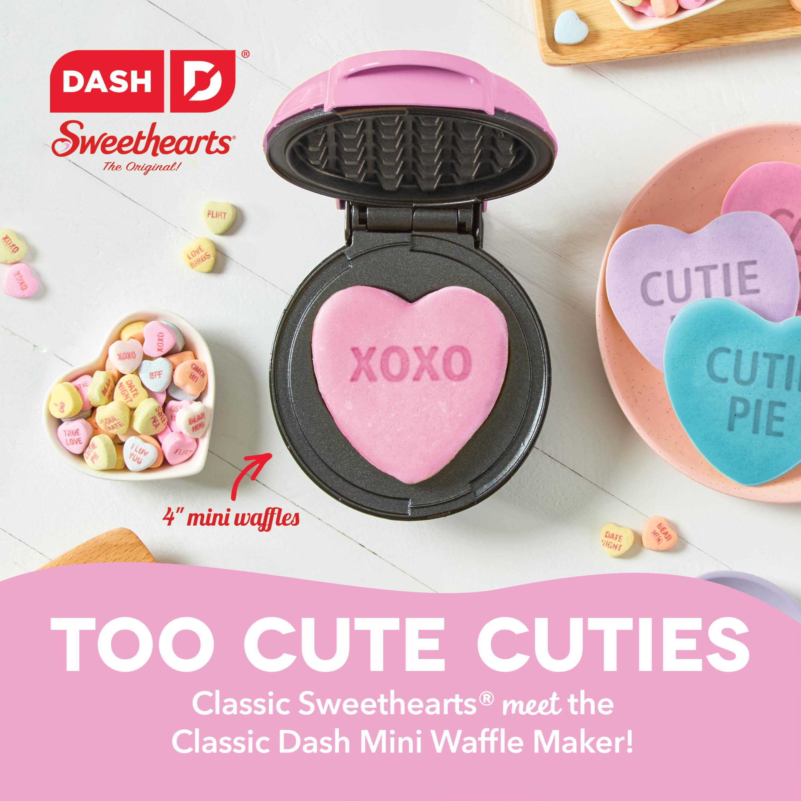 DASH x Sweethearts® Mini Heart Waffle Maker - 4 Inch Nonstick Waffle Iron with Fast Heating, Perfect for Valentine's Day Breakfast, Kids Snacks & Family Brunch - XOXO (Pink) | Compact Waffle Maker for Dorms, Office & Small Kitchens