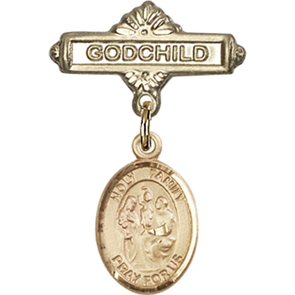 Gold Filled Holy Family Charm Baby Badge Pin - 1 X 5/8 Inches Godchild Gift for Baptism, Christening & First Communion - Religious Jewelry for Infants & Toddlers