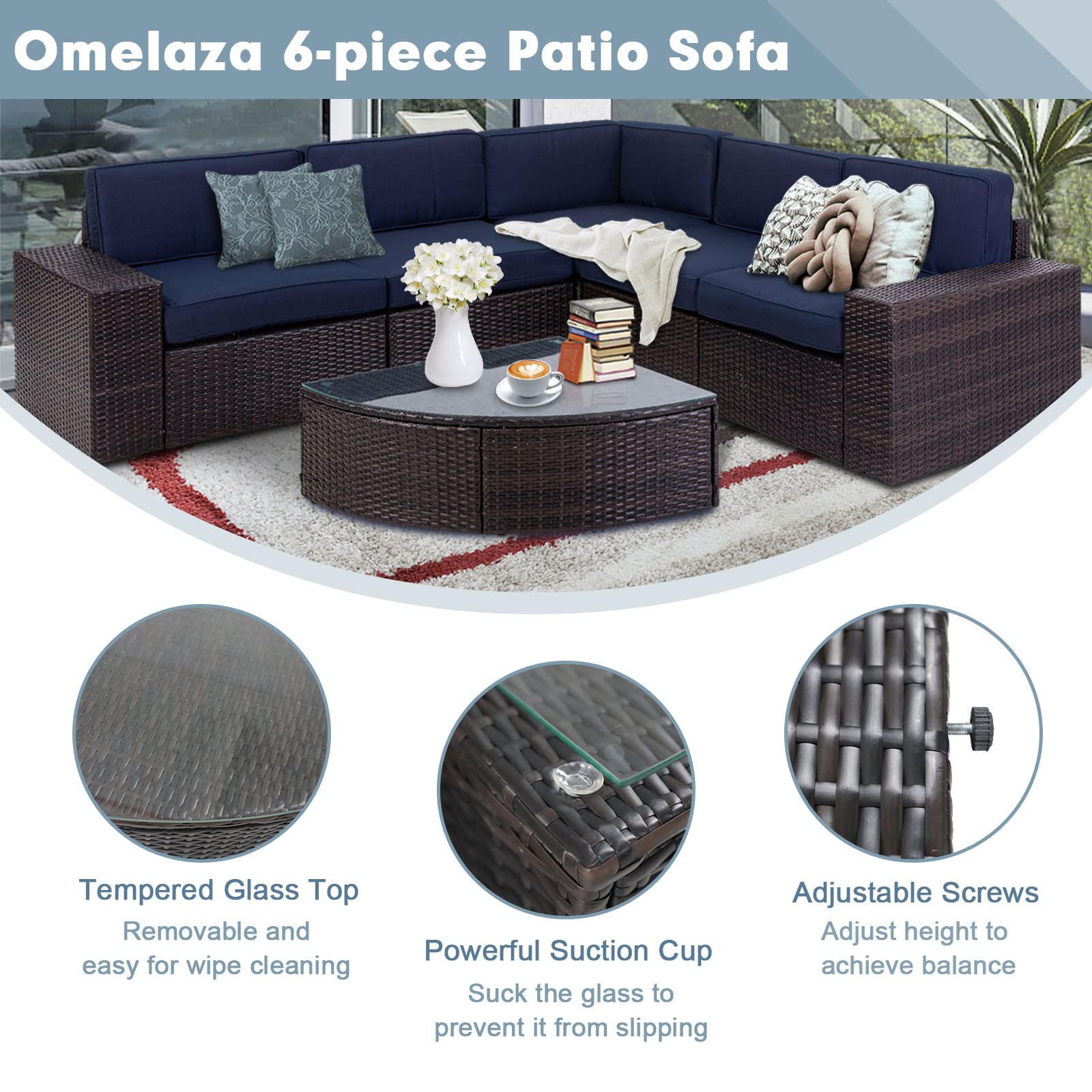 6-Piece Outdoor Sectional Sofa Set - Patio Wicker Furniture with Tempered Glass Table & Cushions - Dark Blue Conversation Set for Backyard, Poolside or Garden Relaxation