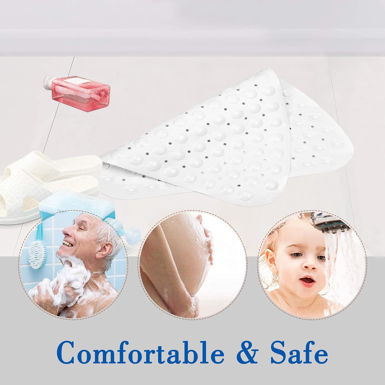Non-Slip Rubber Shower Mat - 54 x 54cm Anti-Mold Quadrant Bath Mat with Drain Holes for Safety | Perfect for Shower, Bathtub & Bathroom Floor (White)