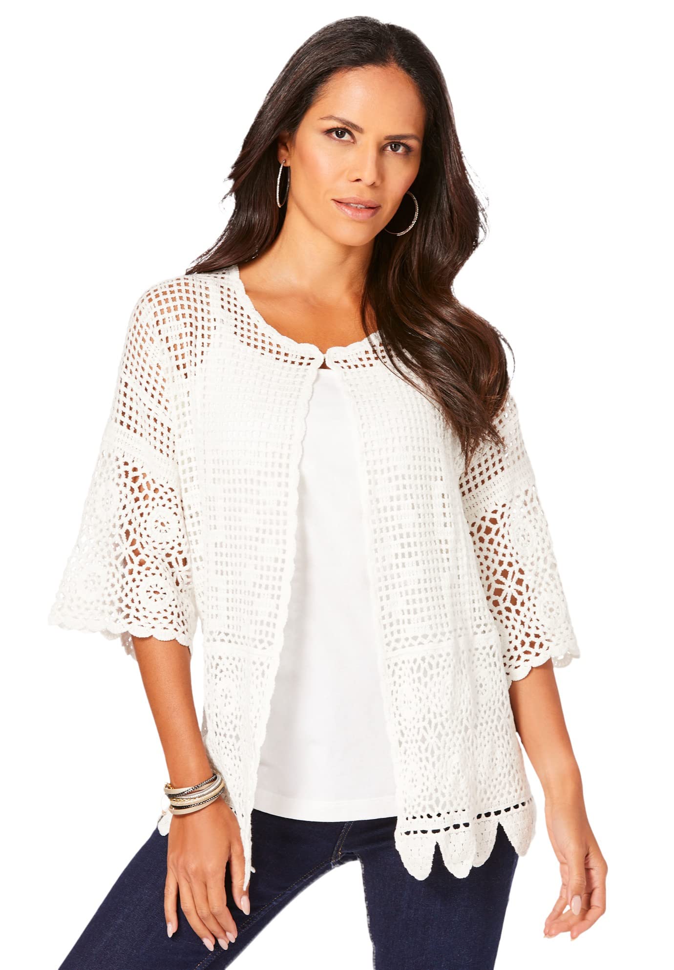 Roamans Women's Plus Size Scallop-Trim Crochet Cardigan Sweater | Lightweight Open Front Lace Cover-Up | Perfect for Spring, Summer & Beach Outfits