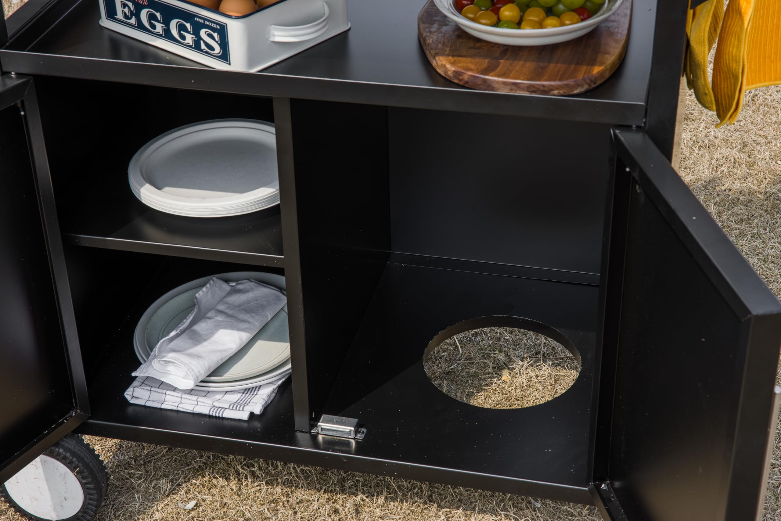Premium Outdoor Grill Table & Kitchen Cabinet - Portable Prep Station with Storage for BBQ, Pizza Oven & Entertaining | Silver & Black | Patio, Backyard & Camping Use