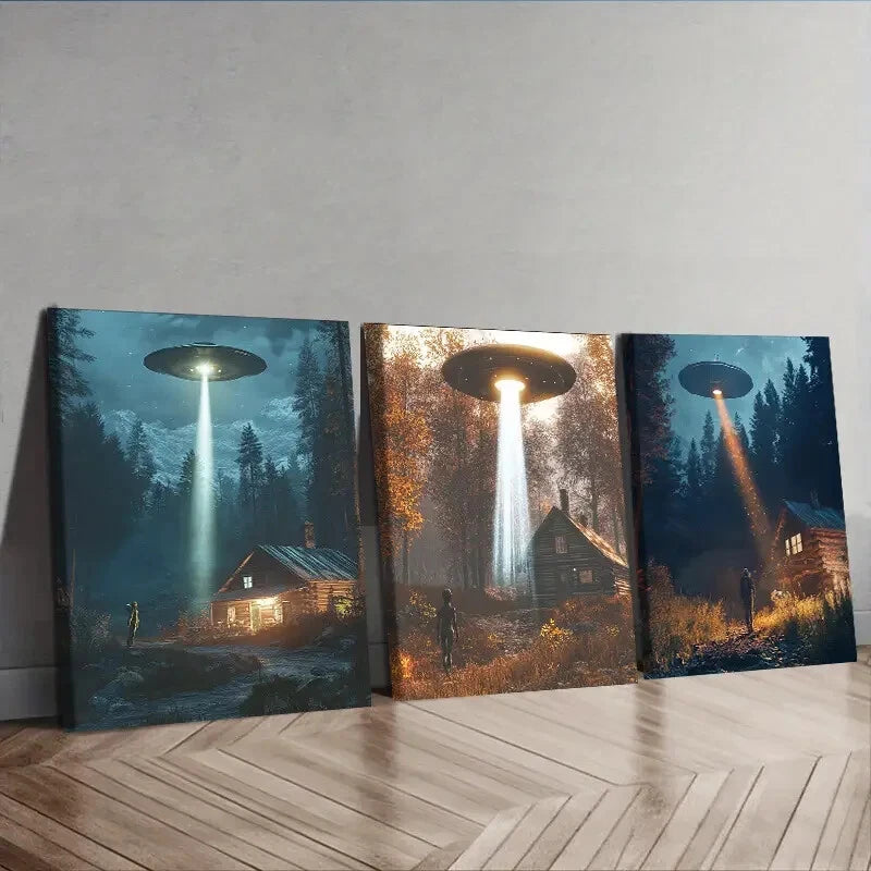 3-Piece Alien Ship Wall Art Set - Framed Canvas 40x60cm | High Quality Print | 100% Australian Made | Ready to Hang | Perfect for Sci-Fi Bedroom, Living Room & Office Decor