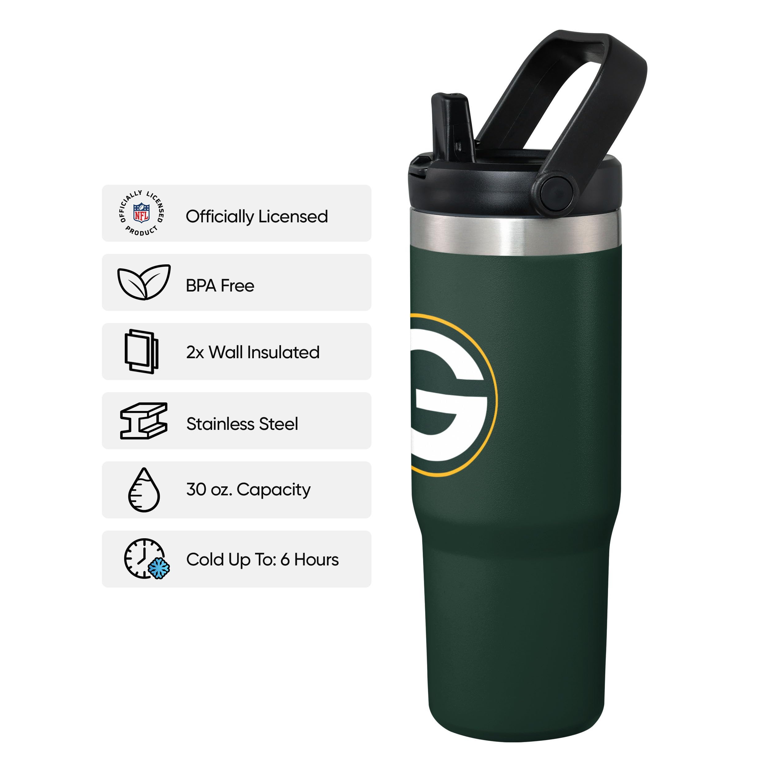 FOCO NFL Team Logo Insulated Travel Mug 30oz with Straw - Stainless Steel Tumbler for Hot & Cold Drinks - Perfect for Football Games, Office Commute & Outdoor Activities
