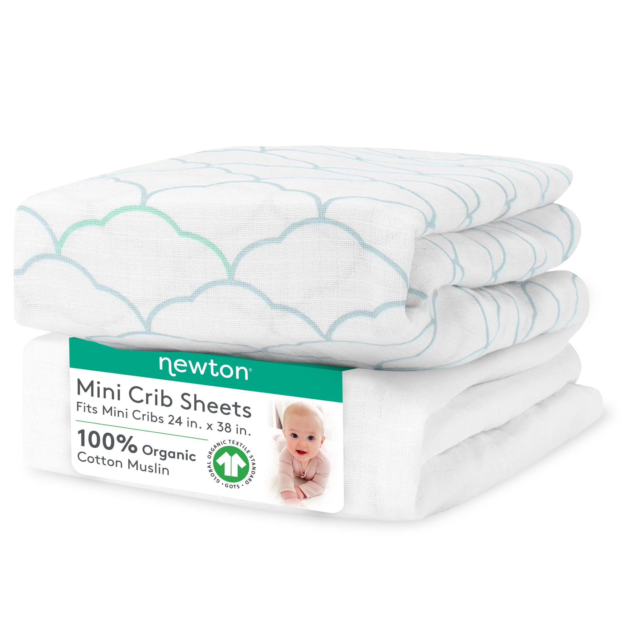 Organic Muslin Cotton Mini Crib Fitted Sheets 2-Pack - Breathable Soft Baby Bedding for 24