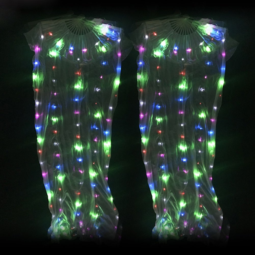Wgwioo LED Light Belly Dance Silk Fan Veil - 1.65M Colorful Performance Props for Adults (2Pcs) - Perfect for Stage Shows, Parties & Professional Dance Performances