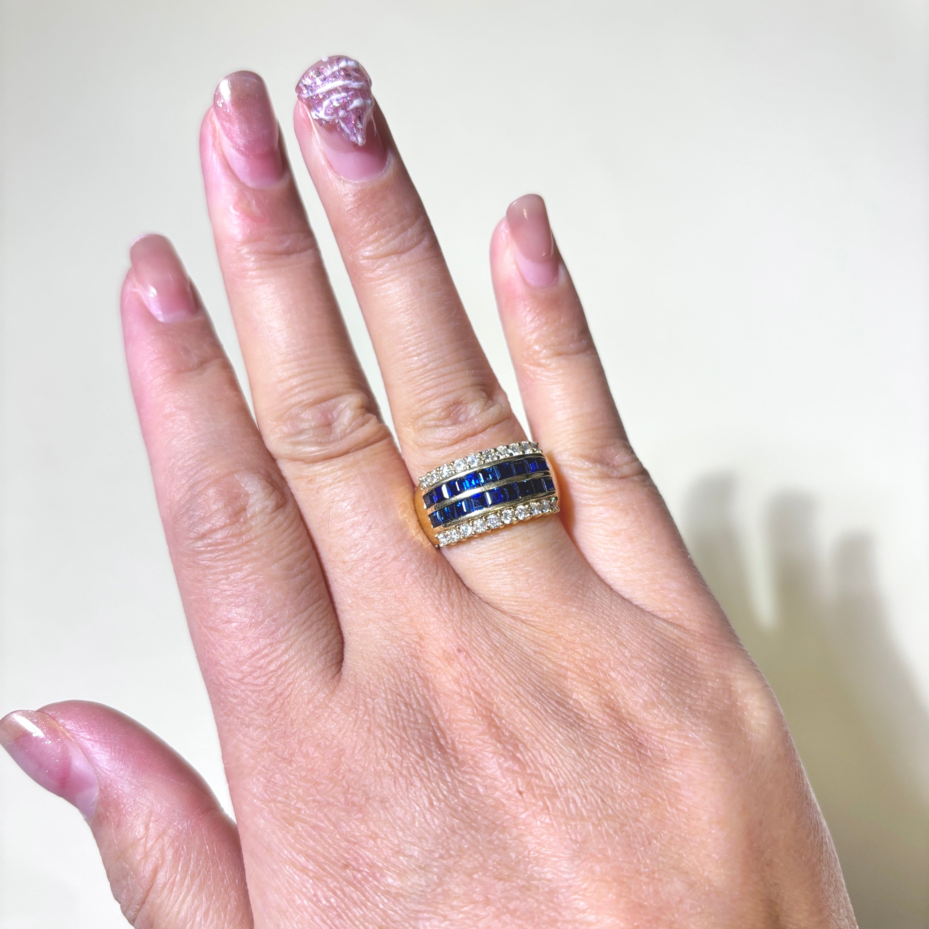 18K Yellow Gold Double Row Sapphire and Diamond Ring - 1.52ctw Sapphires & 0.60ctw Diamonds - Size 6.25 - Elegant Wedding, Engagement & Anniversary Jewelry Gift