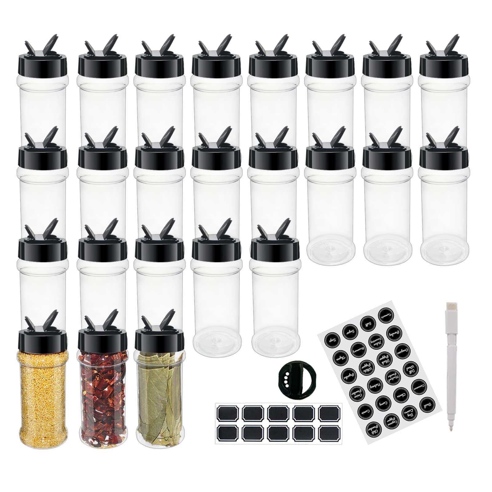 24 Pack 3.3 oz (100ml) Clear Plastic Spice Jars with Black Shaker Lids - Round Seasoning Bottles with Labels & Marker - Perfect for Kitchen, Pantry Organization & Spice Storage