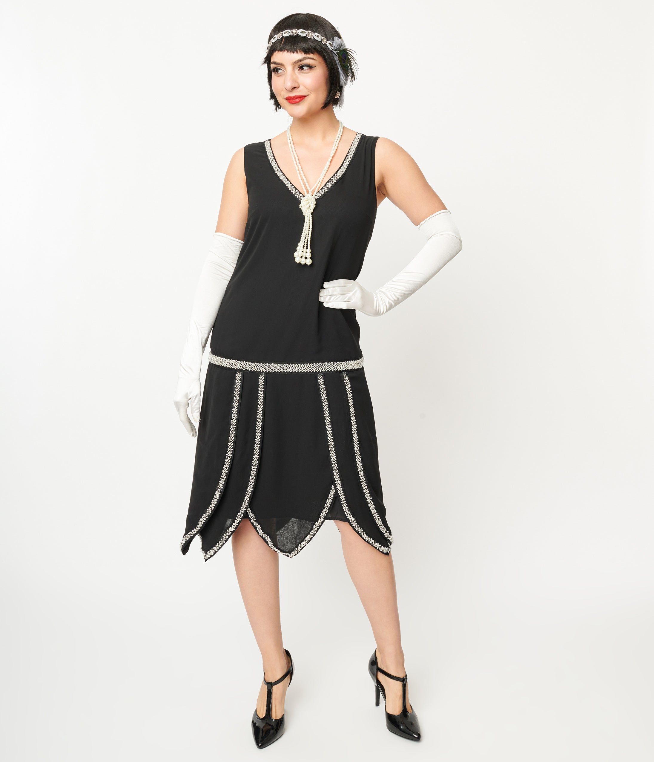 Vintage 1920s Black & Pearl Beaded Flapper Dress - Roaring Twenties Gatsby Party Costume for Women, Halloween Outfit, Speakeasy Theme Event