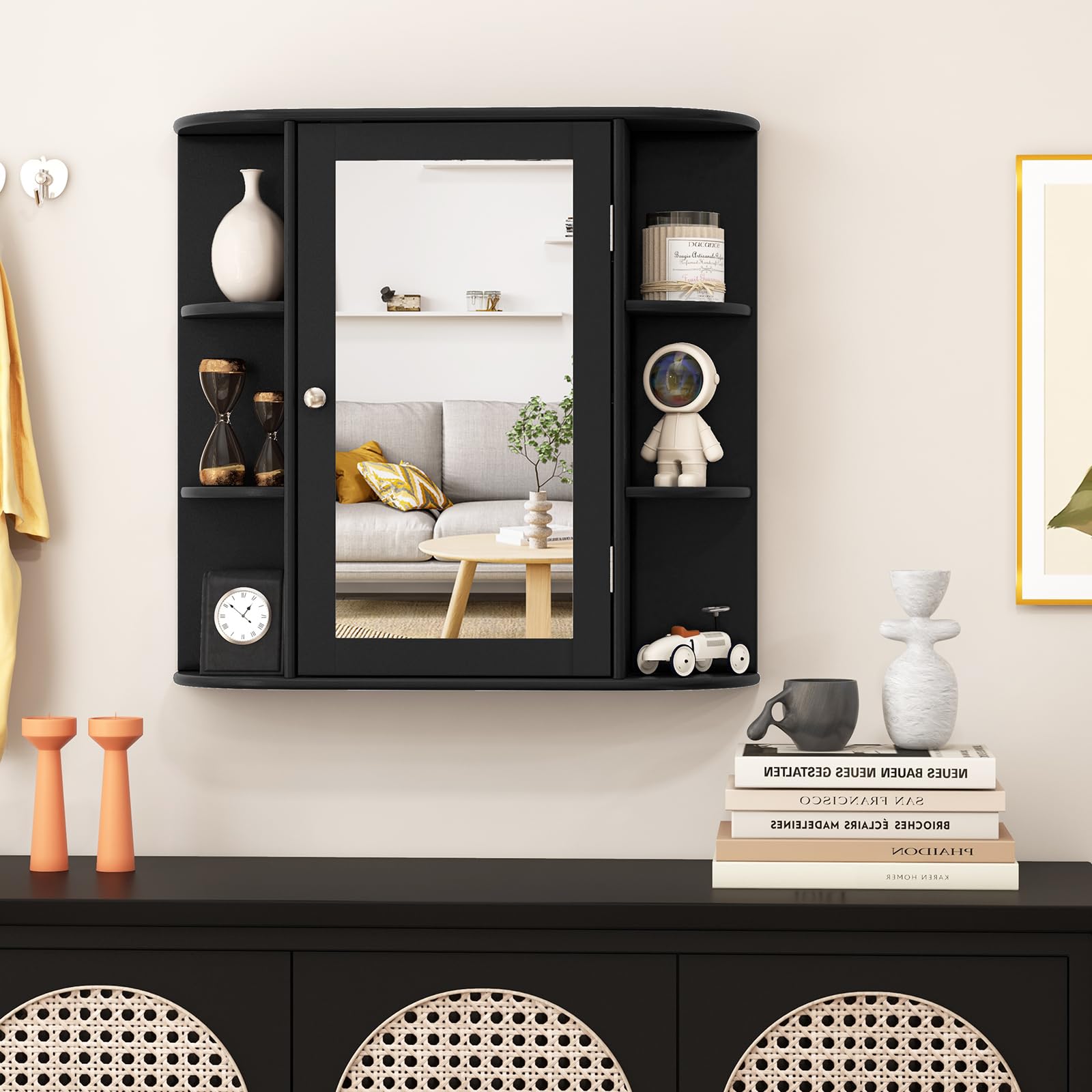 Tangkula Black Wall Mounted Bathroom Medicine Cabinet with Mirror - Adjustable Shelves, 6 Open Storage & Door - Space Saving Bathroom Organizer for Toiletries, Cosmetics & Essentials | Perfect for Small Bathrooms, Vanities & Home Decor