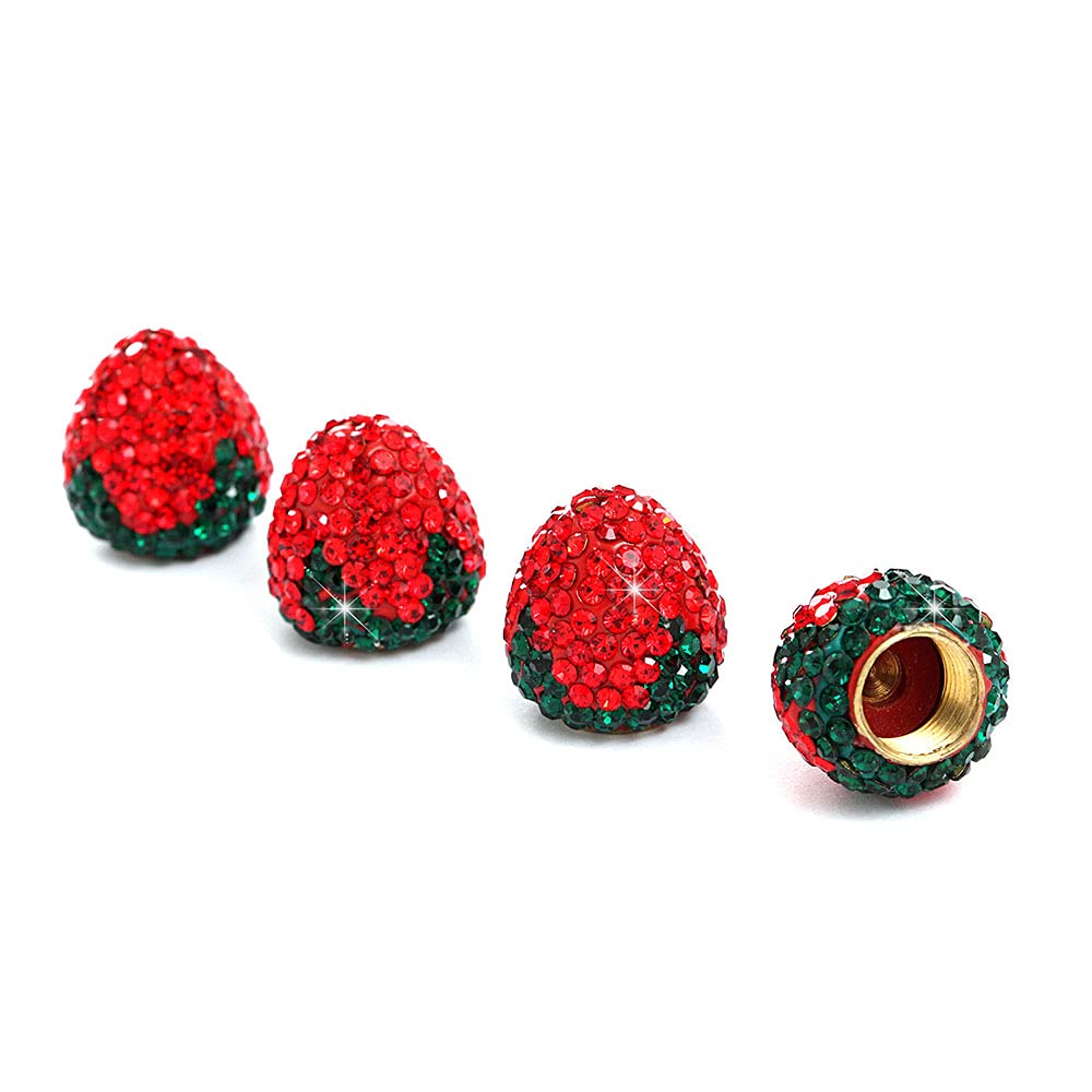 Sparkling Red Rhinestone Strawberry Car Tire Valve Stem Caps - 4 Pack Handmade Crystal Bling Accessories for Dustproof Protection & Stylish Car Decor - Perfect for Sedans, SUVs & Custom Vehicles