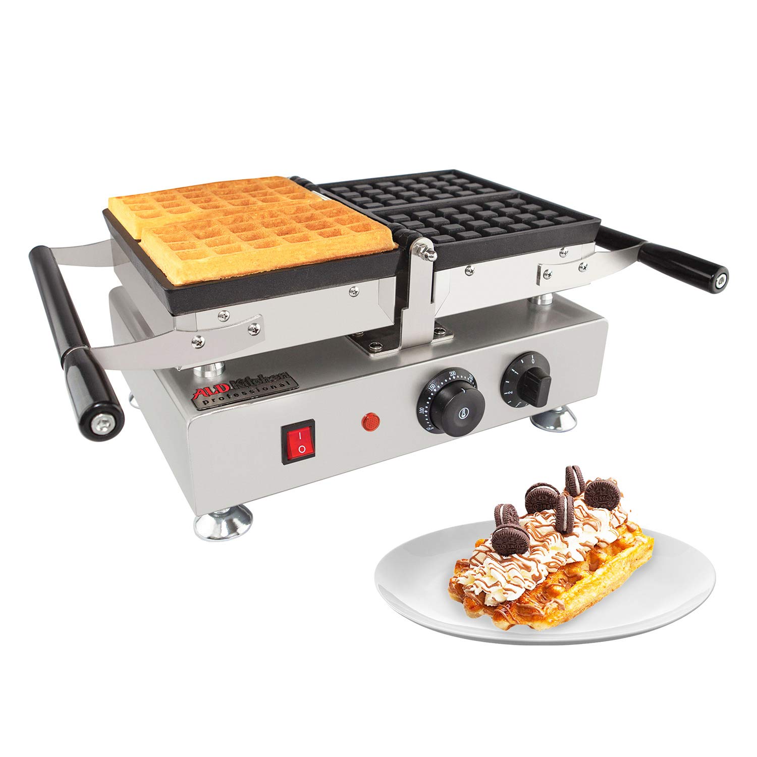 ALDKitchen Belgian Waffle Maker with Removable Nonstick Plates - 110V Electric Swing Type Waffle Iron for 2 Square Waffles - Perfect for Breakfast, Brunch, and Family Gatherings