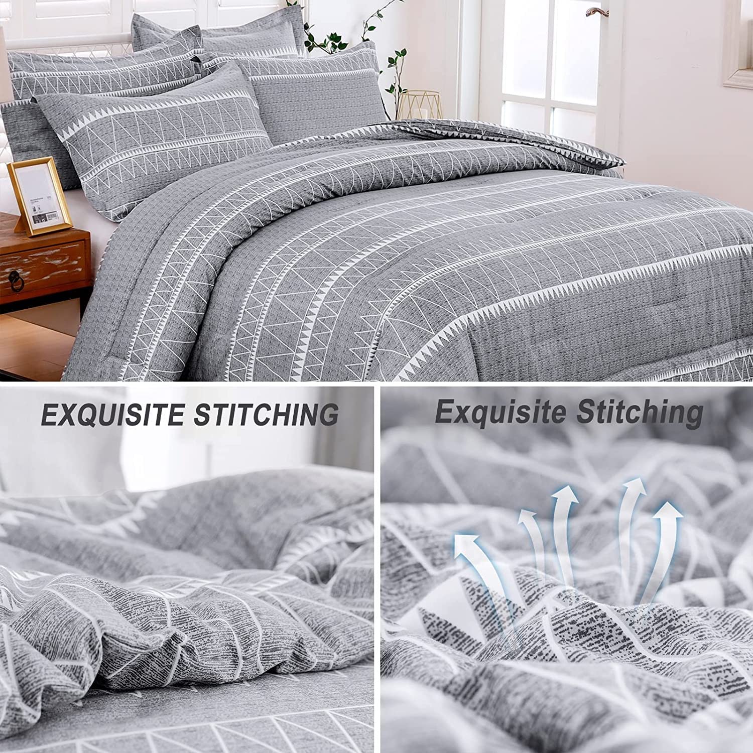 WONGS BEDDING Grey California King Comforter Set - Soft Reversible Microfiber Boho Down Alternative Bedding (3 Piece: Comforter + 2 Pillow Shams) 104