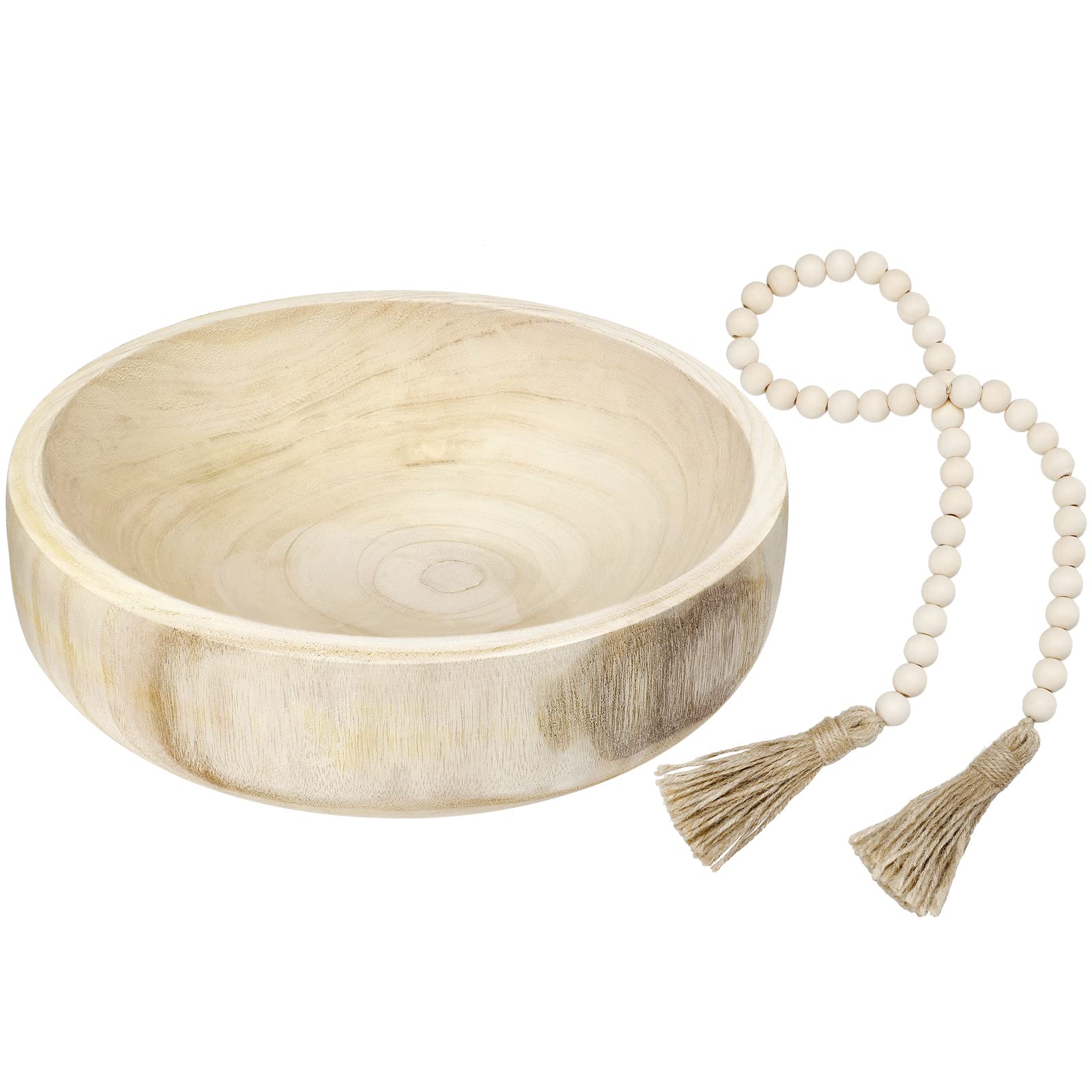 Kathfly Natural Rustic Wooden Decorative Bowl Set - Paulownia Wood Serving & Dough Bowl for Home Decor, Table Centerpieces, Wedding & Party Decorations with Wood Bead Garland (Round) - Perfect for Farmhouse Style Dining, Rustic Weddings, and Holiday Tablescapes
