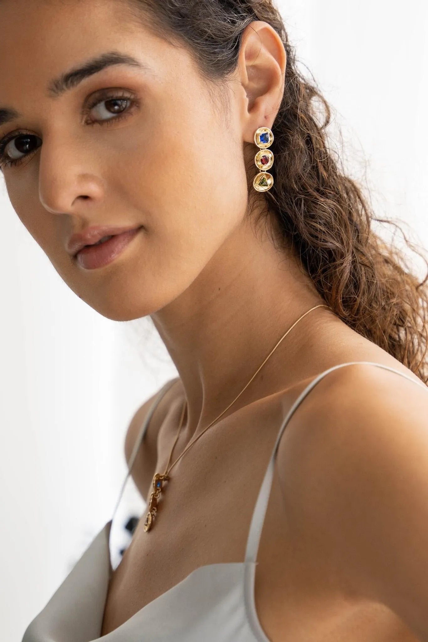 18K Gold Plated Gemstone Triple Dangle Drop Earrings for Women - Elegant Party, Wedding & Evening Wear Jewelry
