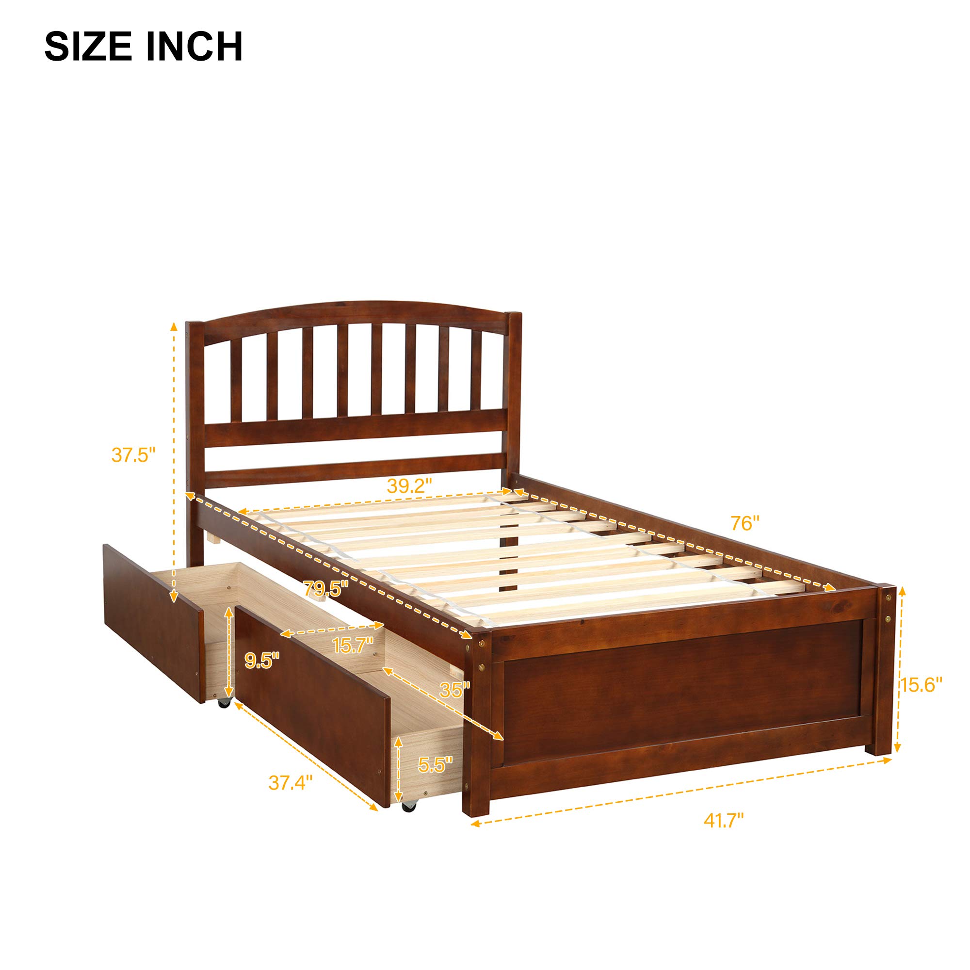 Solid Wood Twin Platform Storage Bed with Headboard & 2 Drawers - Walnut Finish | Space-Saving Bed Frame for Small Bedrooms, Guest Rooms & Dorm Rooms