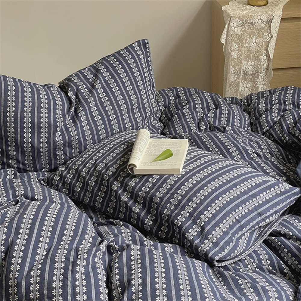 4-Piece Jacquard Bedding Set Queen Size - Ultra Soft 100% Washed Cotton Floral Duvet Cover, Fitted Sheet, Flat Sheet & Pillowcases - Navy Blue Woven Design - Perfect for Master Bedroom, Guest Room & Cozy Home Decor