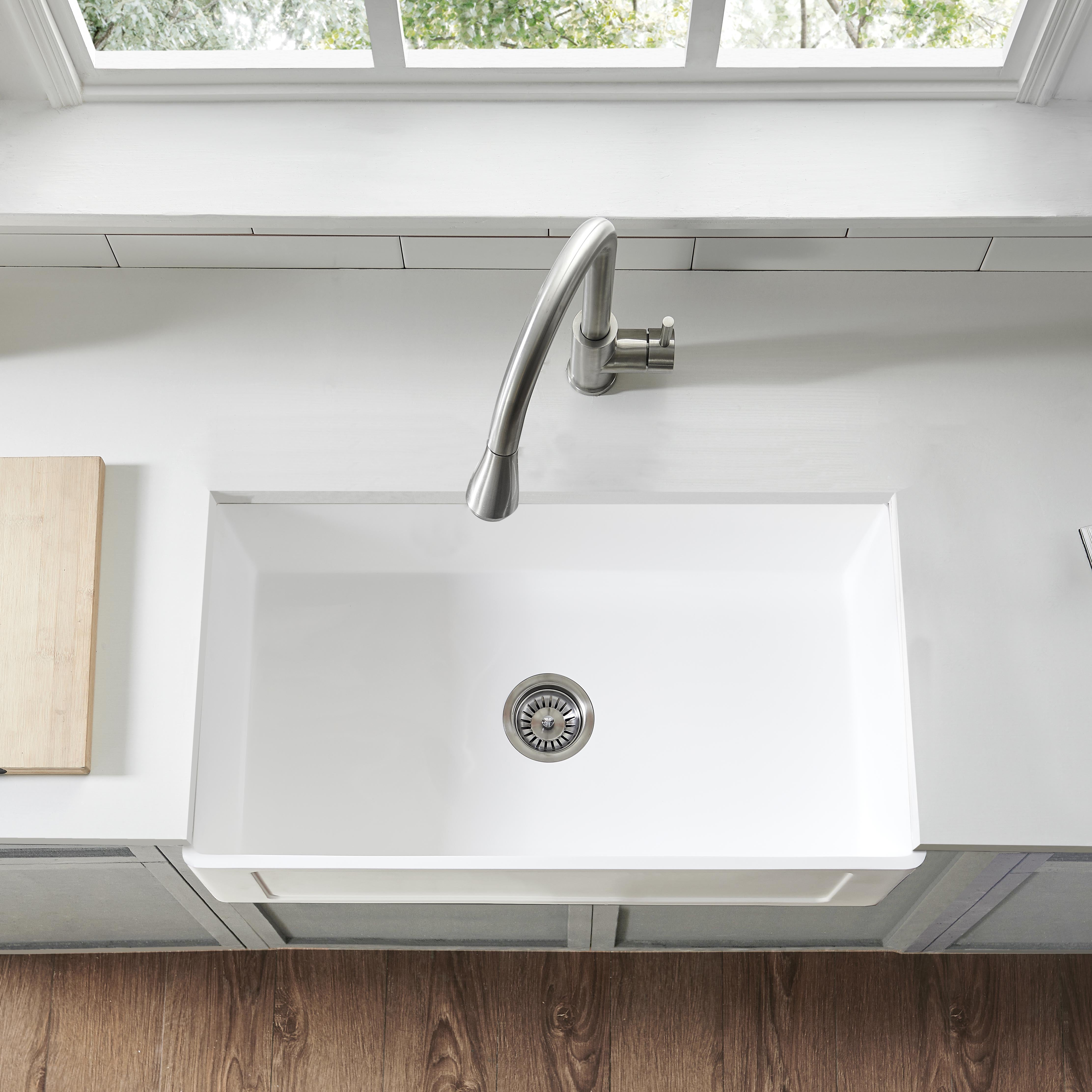 Holbrook Pure Stone Farmhouse 30-inch White Single Bowl Kitchen Sink with Grid & Strainer - Perfect for Modern Farmhouse, Rustic & Contemporary Kitchen Designs
