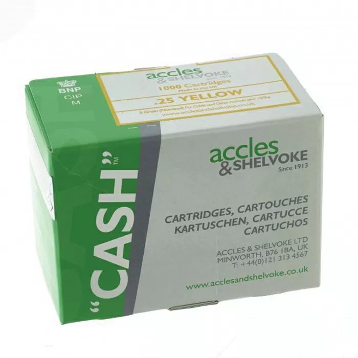 Accles & Shelvoke CASH® .25 Caliber Yellow 2 Grain Cartridges - 1,000 Rounds per Box | Perfect for Target Shooting, Small Game Hunting & Ammo Storage