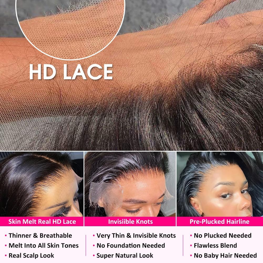 Pizazz 13x6 HD Lace Front Wigs Human Hair - Pre Plucked 180% Density Brazilian Body Wave Frontal Wig with Baby Hair & Natural Hairline - 18 Inch Natural Black Color for Daily Wear, Parties & Special Occasions