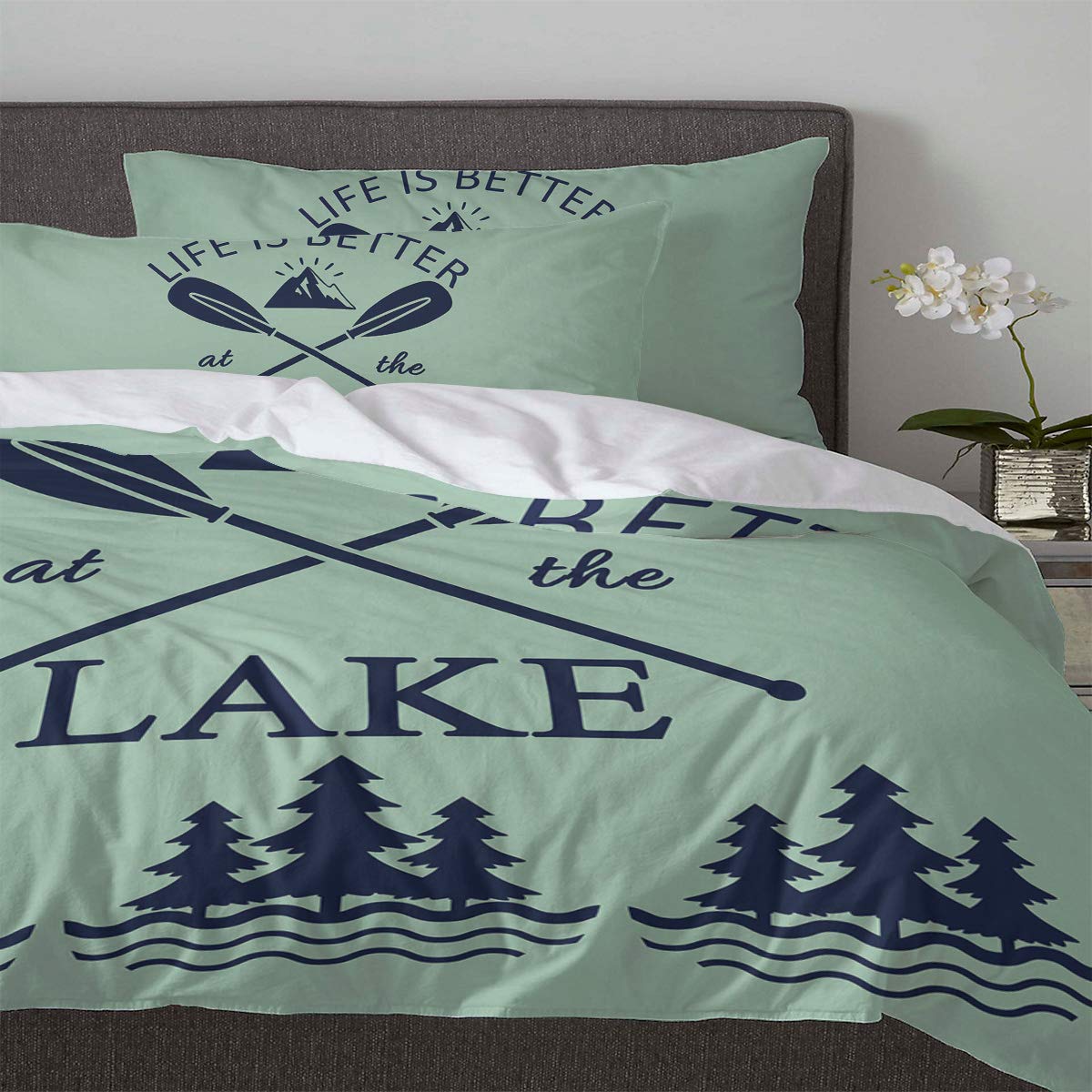 ALAGEO 3-Piece Duvet Cover Set - Life is Better at The Lake Pine Forest & Oars Design - Soft Washable Full/Queen Comforter Cover with Pillowcases - Perfect for Lakeside Cabins, Rustic Bedrooms & Cozy Retreats
