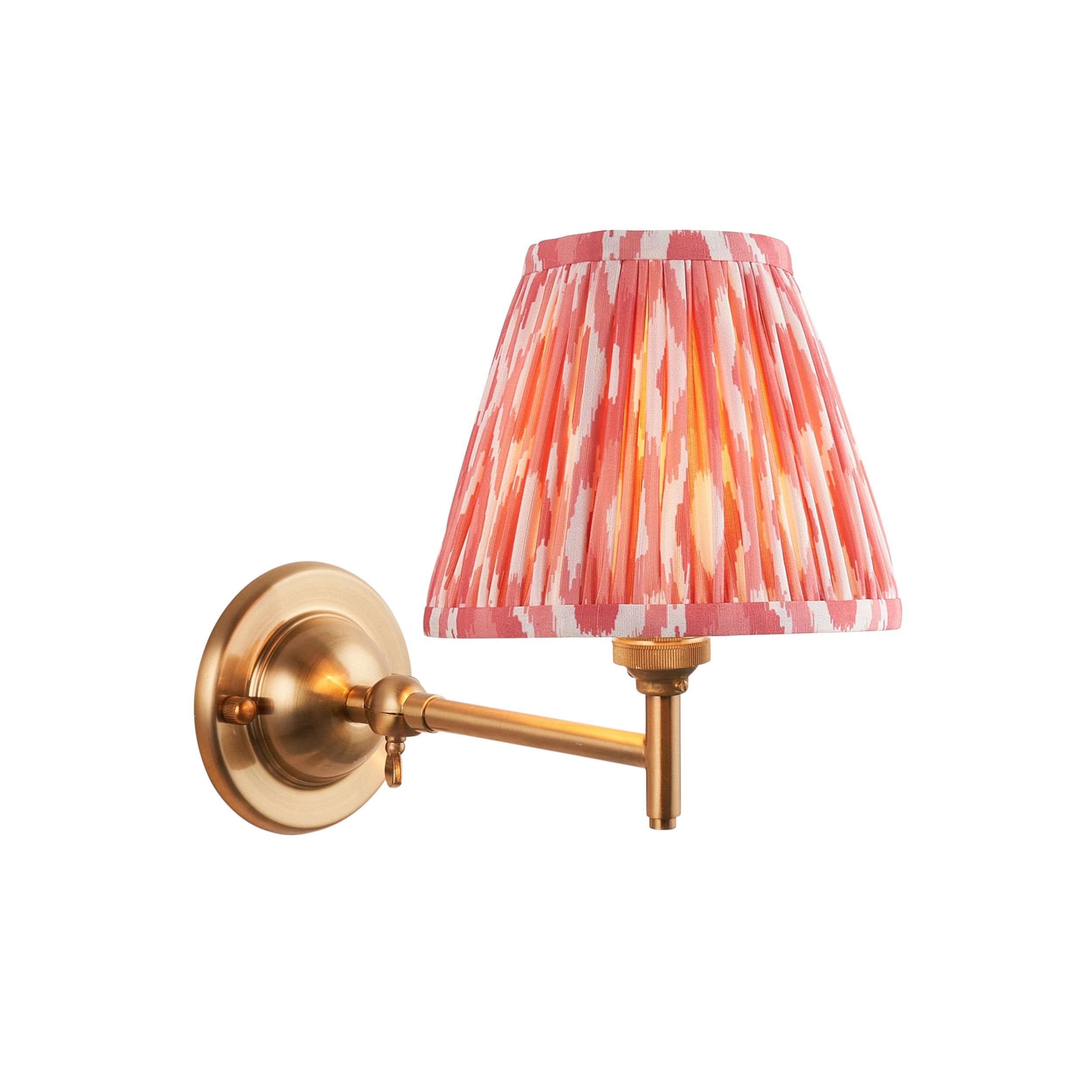 Dome Fold Brass Wall Light with Ikat 16cm Coral Pink Shade - Vintage Style Sconce for Bedroom, Living Room & Hallway Lighting