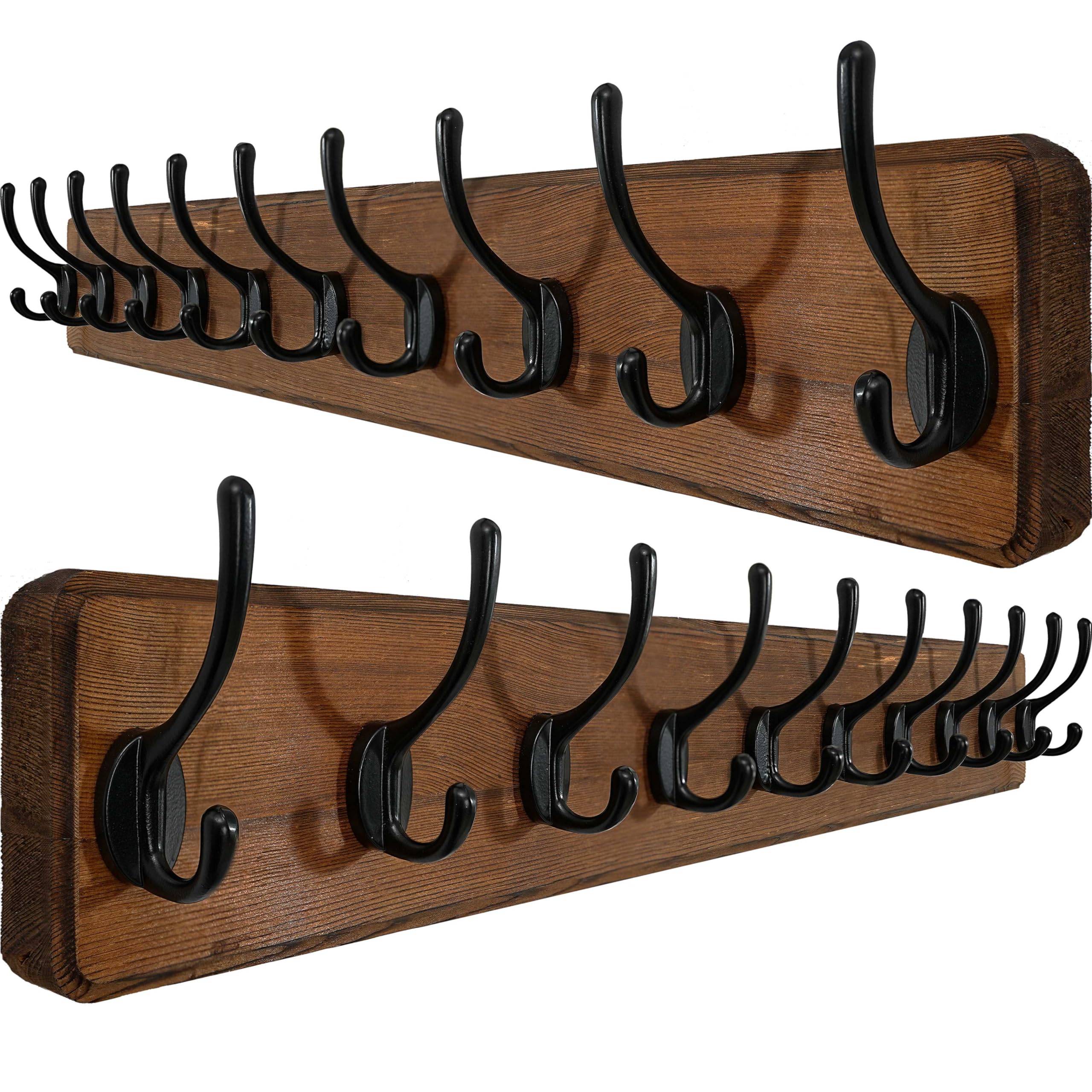 Rustic Wood Wall Mounted Coat Rack with 10 Hooks - 38.9