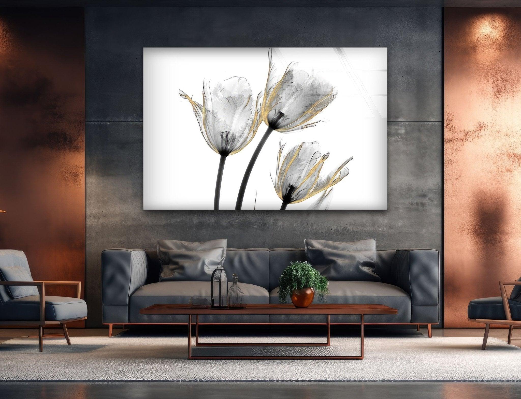 Albert Koetsier Gold Embellished Tulips Glass Wall Art - Handcrafted Floral Home Decor for Living Room, Bedroom & Office - Elegant Gift Idea for Housewarming & Wedding