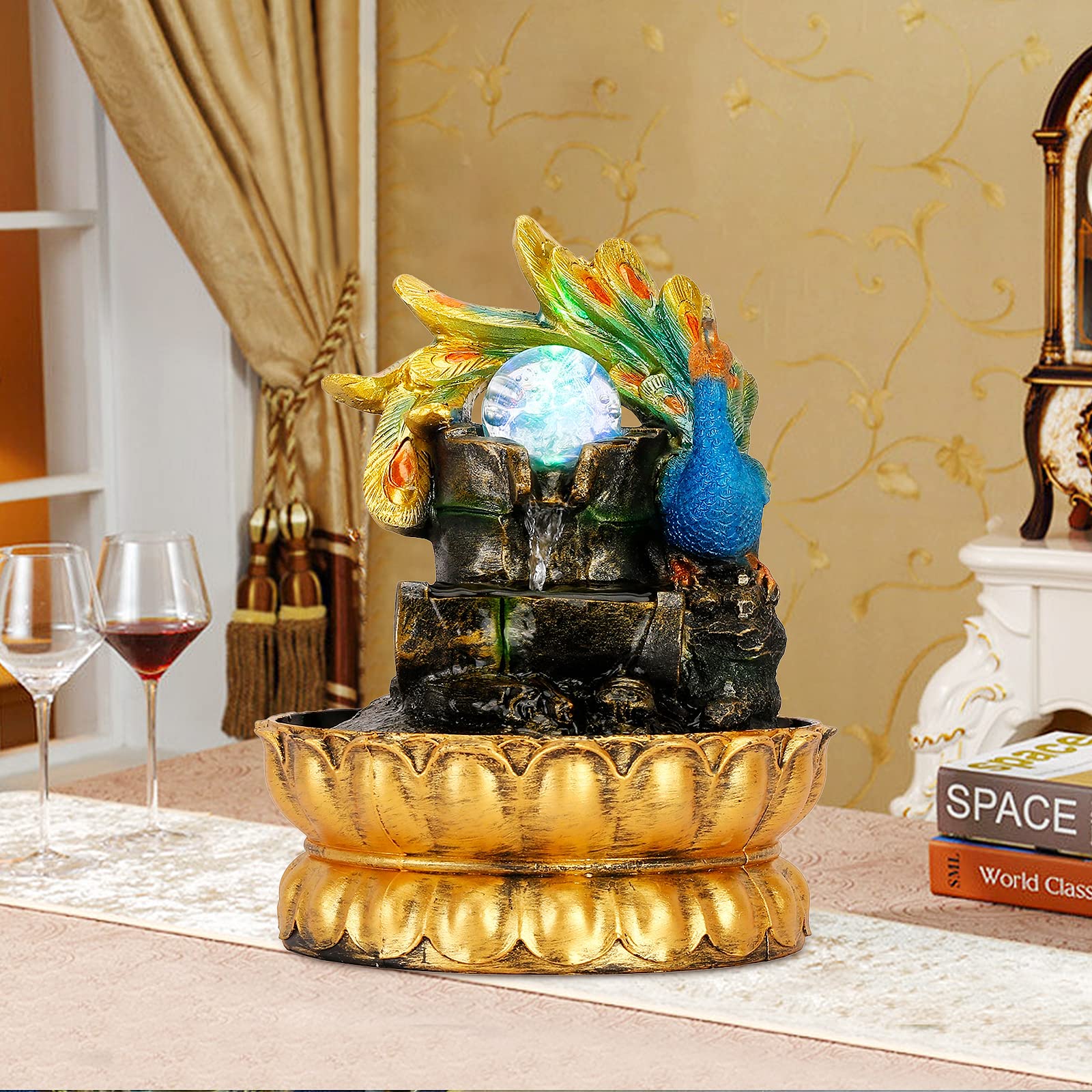 BEAMNOVA Tabletop Fountain with LED Light & Rolling Ball - Relaxing Water Sounds for Stress Relief, Peacock Waterfall Indoor Fountain for Office & Home Decor - Perfect for Meditation, Yoga Spaces & Work Desks