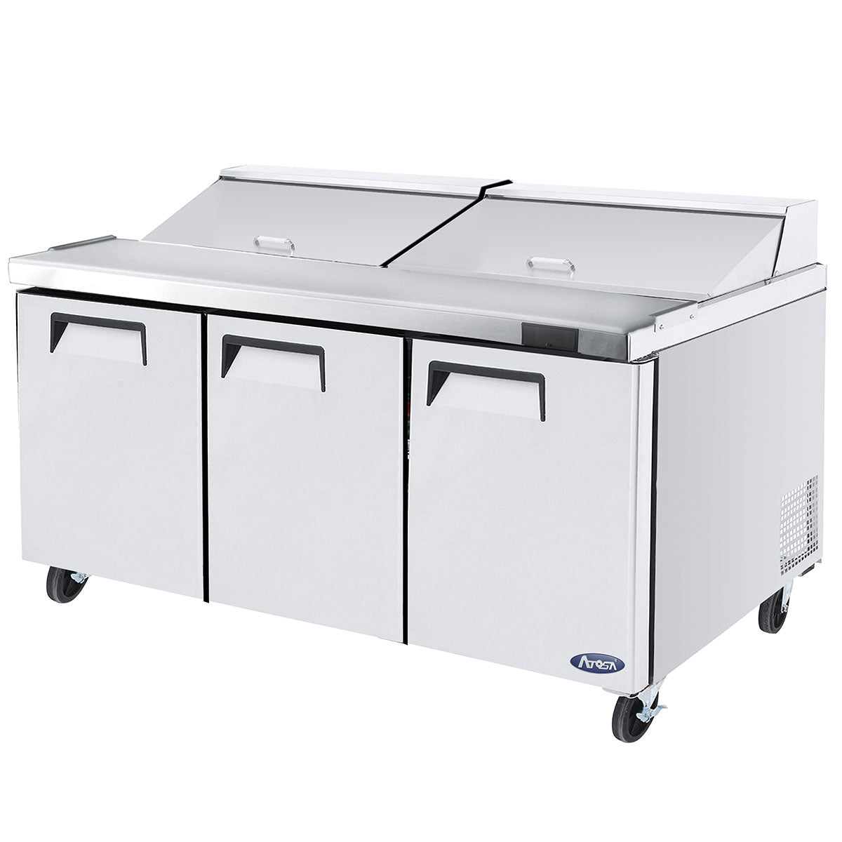 Atosa MSF8304 3-Door Commercial Sandwich Prep Refrigerator - Stainless Steel Work Table with Storage for Deli, Restaurant & Catering Use