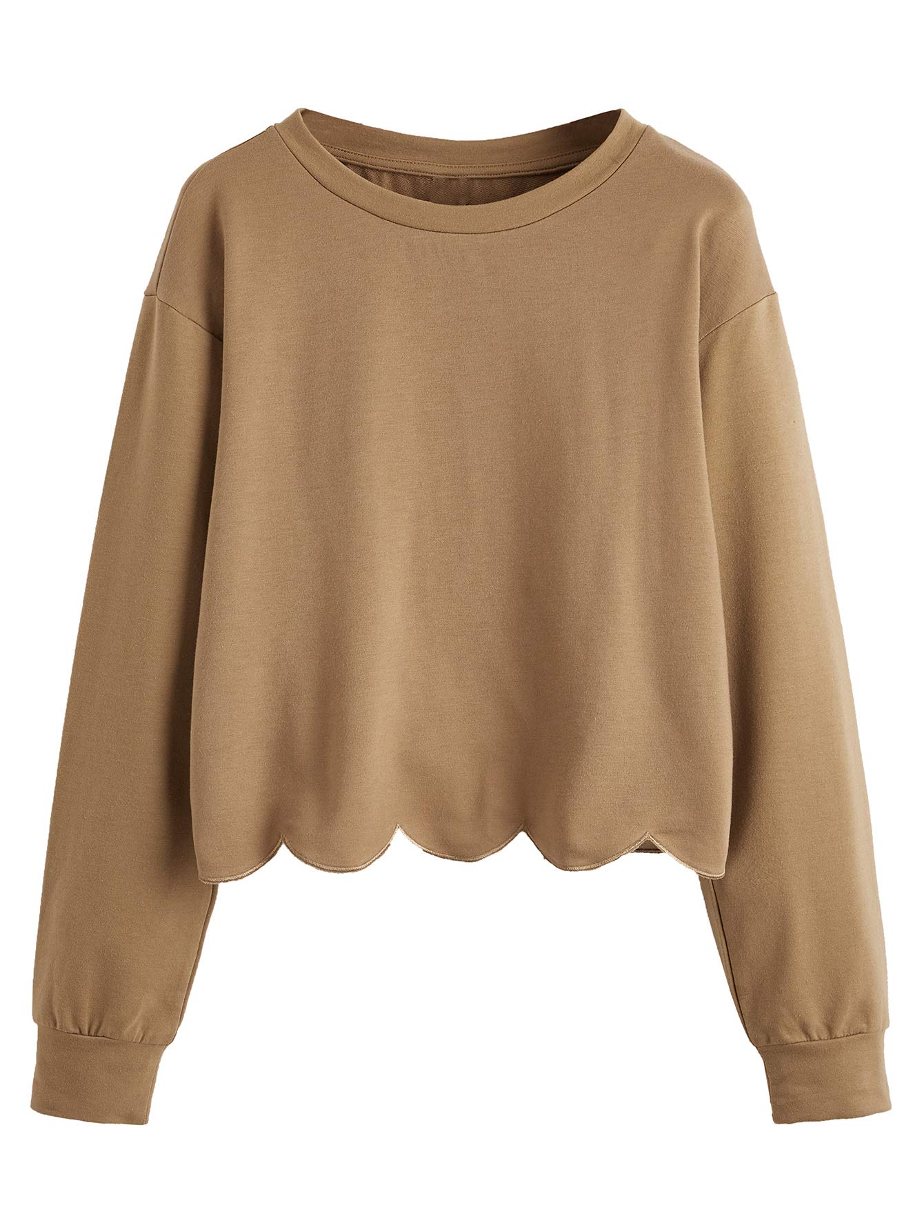 Romwe Women's Casual Long Sleeve Scalloped Hem Crop Top Sweatshirt | Trendy Streetwear & Loungewear for Fall & Winter | Perfect for Dates, Shopping & Coffee Outings