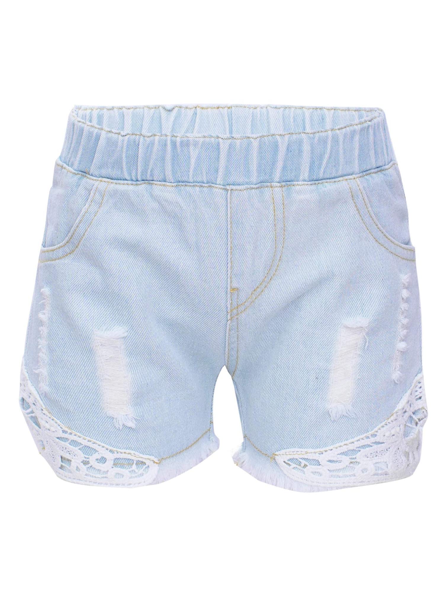 Linjinx Girls' Summer Denim Shorts - Stretch Elastic Waistband, Lace Trim & Distressed Ripped Holes - Cute Casual Shorts for Teens & Big Kids - Perfect for Beach, Shopping & Summer Outings