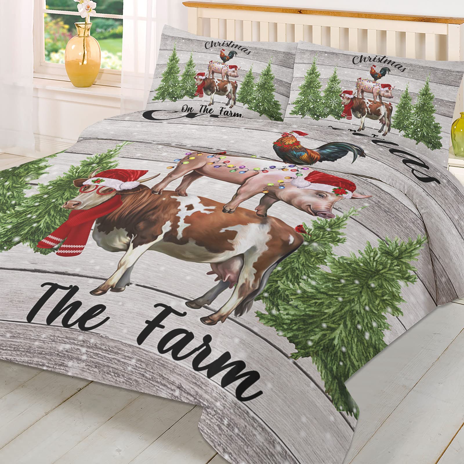 3-Piece Christmas Farm Animal Duvet Cover Set Twin - Chicken Pig Cow Print Bedding with 2 Pillowcases - Soft Quilt Cover for Kids, Teens & Adults - Perfect for Holiday Bedroom Decor & Cozy Winter Nights