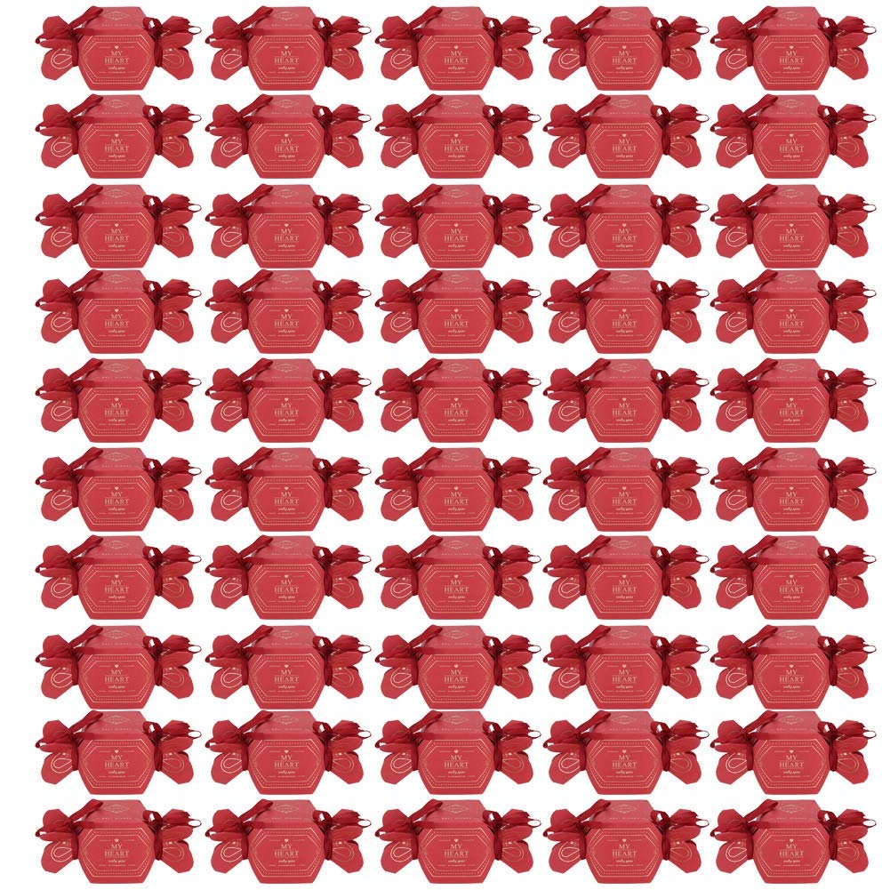 50Pcs Red Candy Favor Boxes with Ribbon - Elegant Chocolate Shape Gift Boxes for Wedding, Baby Shower & Party Favors - Perfect for Candy Treats, Party Decorations & Special Events