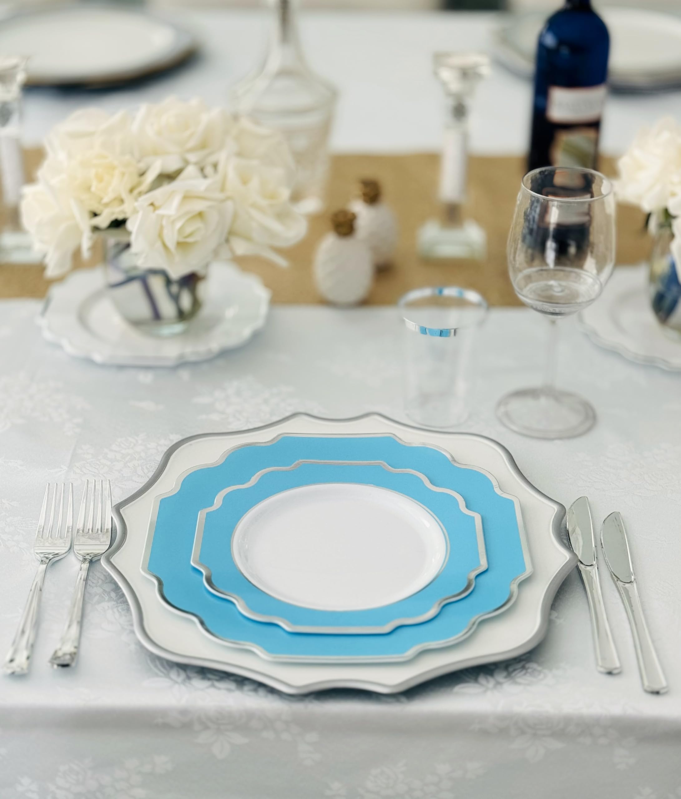 60 Heavyweight Disposable Plastic Plates for Wedding & Party - 10.5'' Dinner Plates in Imperial Aqua & Silver - Elegant Tableware for Special Occasions, Catering & Events