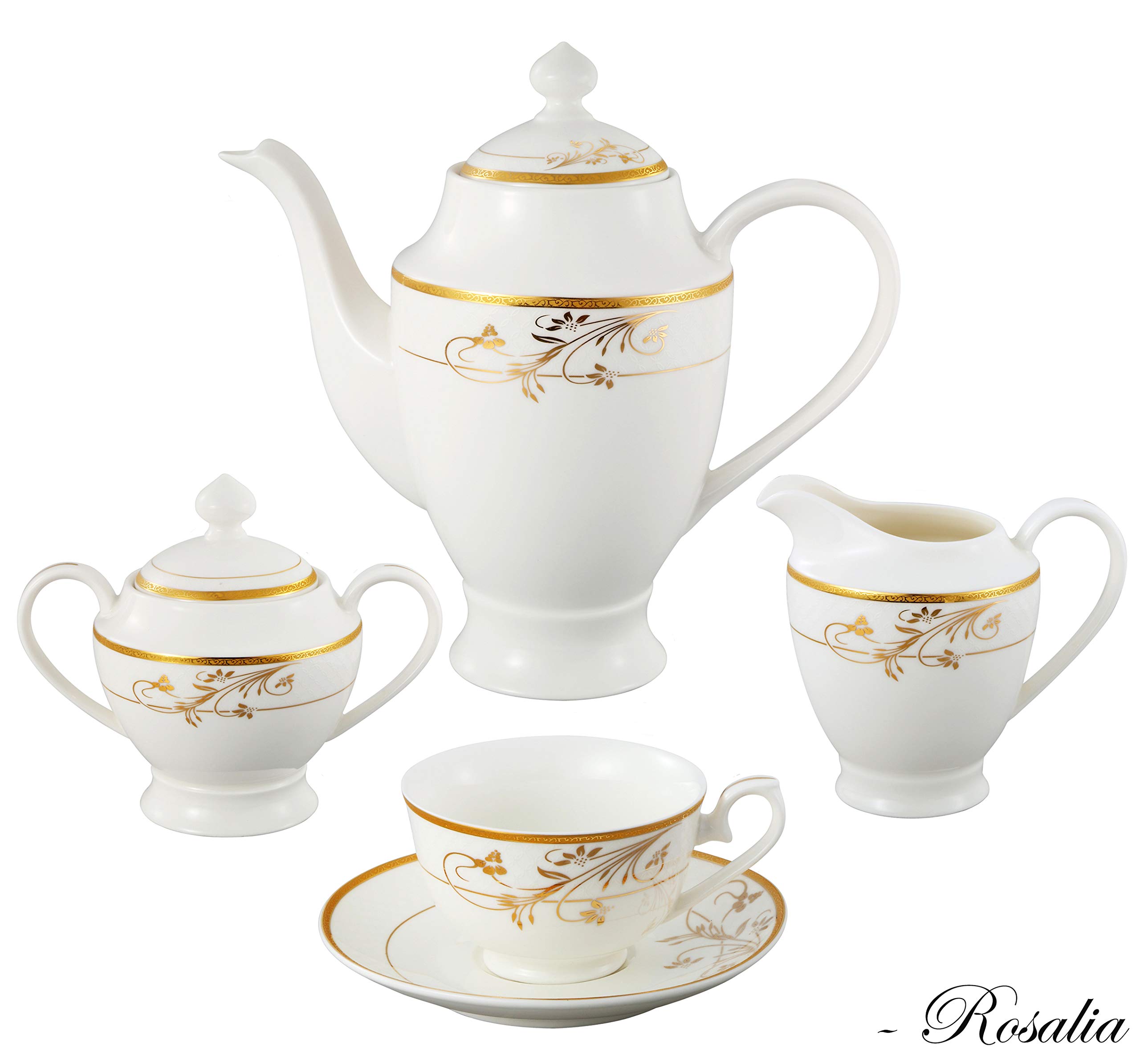 Lorren Home Trends La Luna 57-Piece Bone China Dinnerware Set with 24K Gold Floral Design - Service for 8 - Elegant Table Setting for Formal Dinners, Weddings & Special Occasions