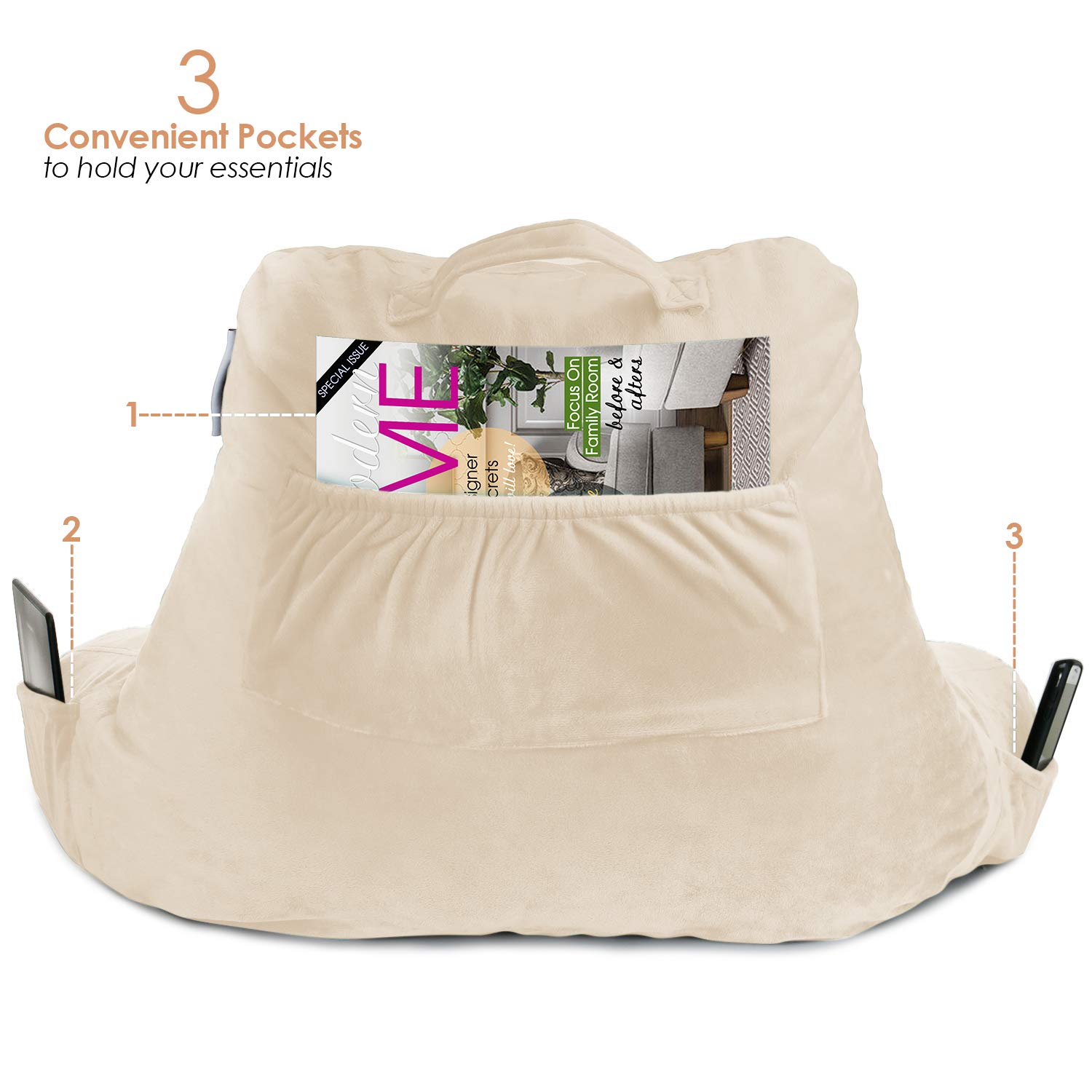 Nestl Reading Pillow with Shredded Memory Foam - Standard Bed & Back Support Pillow for Sitting in Bed, Reading, or Relaxing - Beige Cream Chair Pillow with Pockets - Perfect for Bed Rest, Arm Support & Cozy Reading Sessions