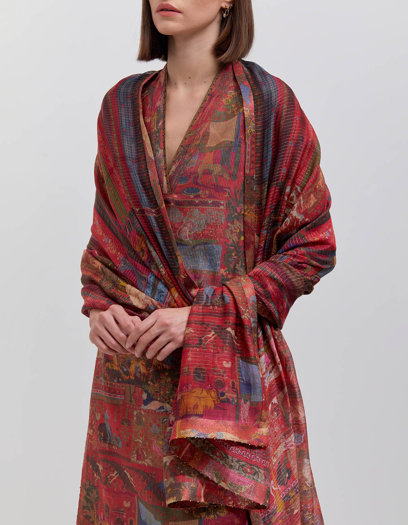 Elegant Damini Kurta in Muga Satin Crimson - Traditional Indian Women's Dress for Festivals & Special Occasions