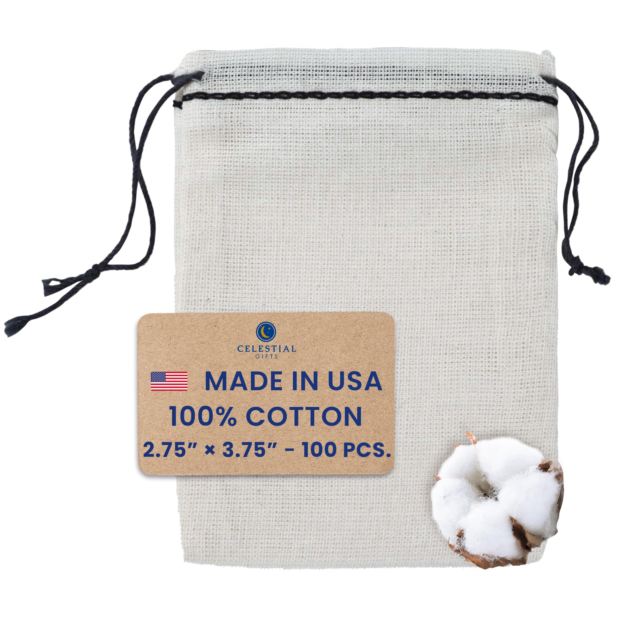 Premium 100% Cotton Muslin Drawstring Bags - 2.75x3.75 Inch Small Reusable Organza Pouches (100pcs) - Perfect for Tea, Jewelry, Spices, Wedding Favors & Party Gifts - Made in USA - Black Hem & Drawstring - Eco-Friendly Gift Packaging Solution